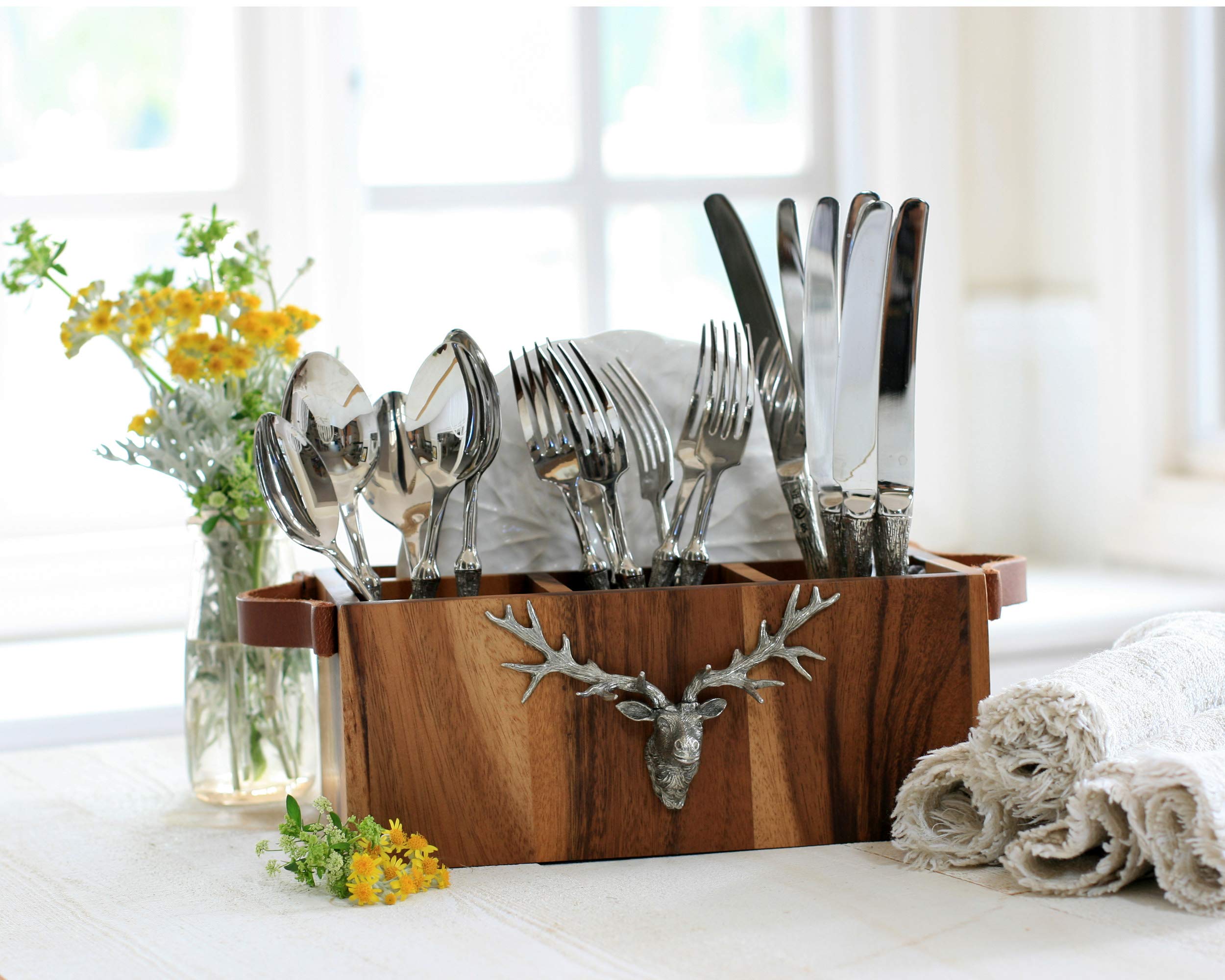 Vagabond House Acacia Wood Flatware Holder with Pewter Elk Accent & Leather Handles - 13