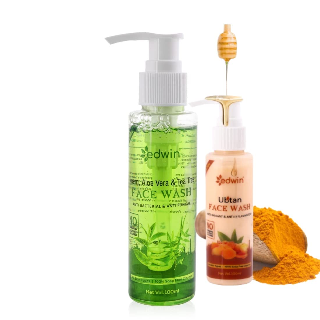 Edwin Combo Neem, Aloe Vera & Turmeric Face Wash for Acne & Glowing Skin - Pack of 2 | Daily Cleansing for Oily & Sensitive Skin | Natural Ayurvedic Skincare