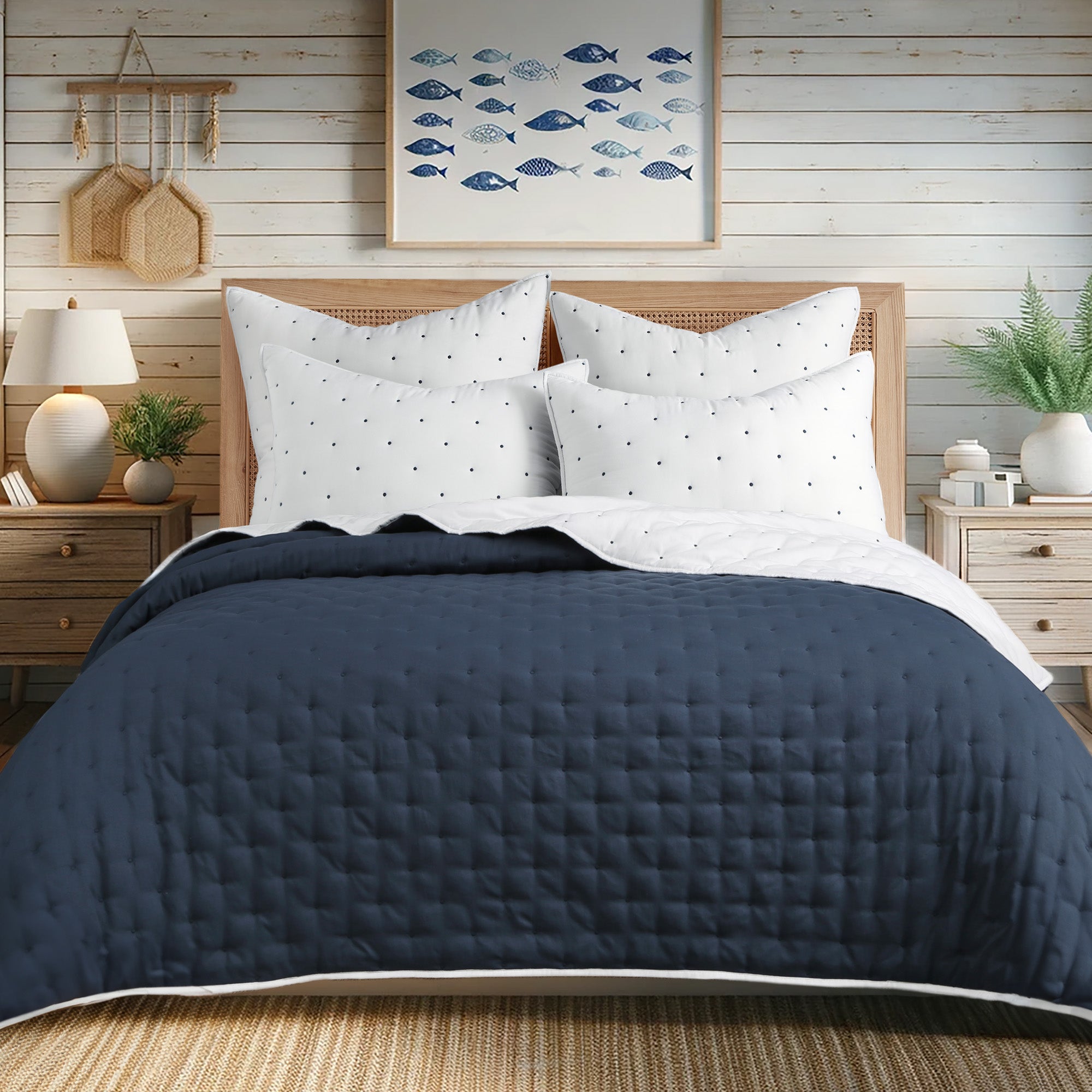 Embroidered Swiss Dot Navy Quilt Set - Queen Size 3-Piece Bedding Set with Pillow Shams - Soft & Breathable Cotton Quilt for Cozy Bedroom Decor