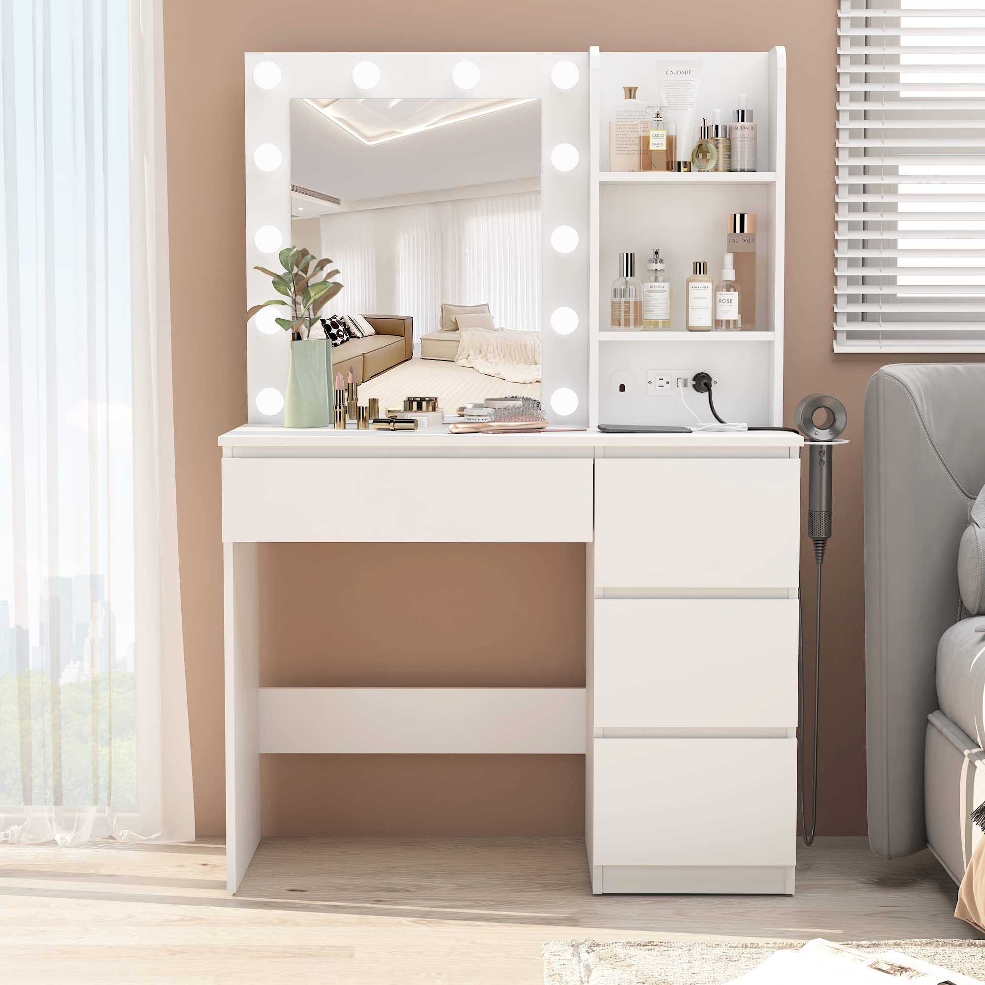 Vabches 37-inch Makeup Vanity with LED Lights & Power Strip - White Vanity Desk with 4 Drawers, Lighted Mirror & 3 Color Modes - Perfect for Bedroom, Dressing Room & Beauty Salon