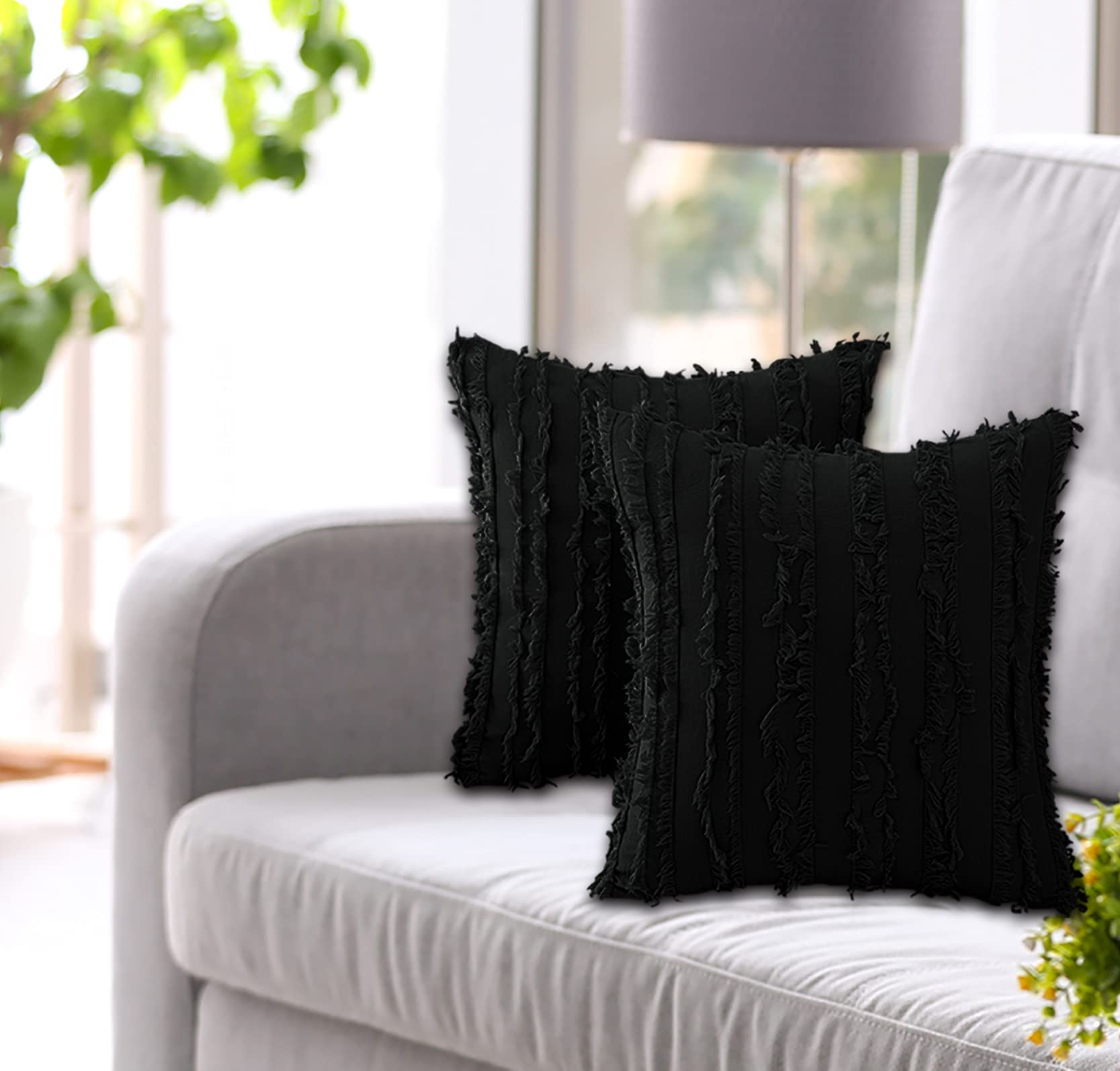 Set of 2 Boho Cotton Linen Striped Decorative Throw Pillow Covers 18x18 Inch - Modern Sofa Couch Pillow Cases in Black | Perfect for Living Room, Bedroom & Home Decor