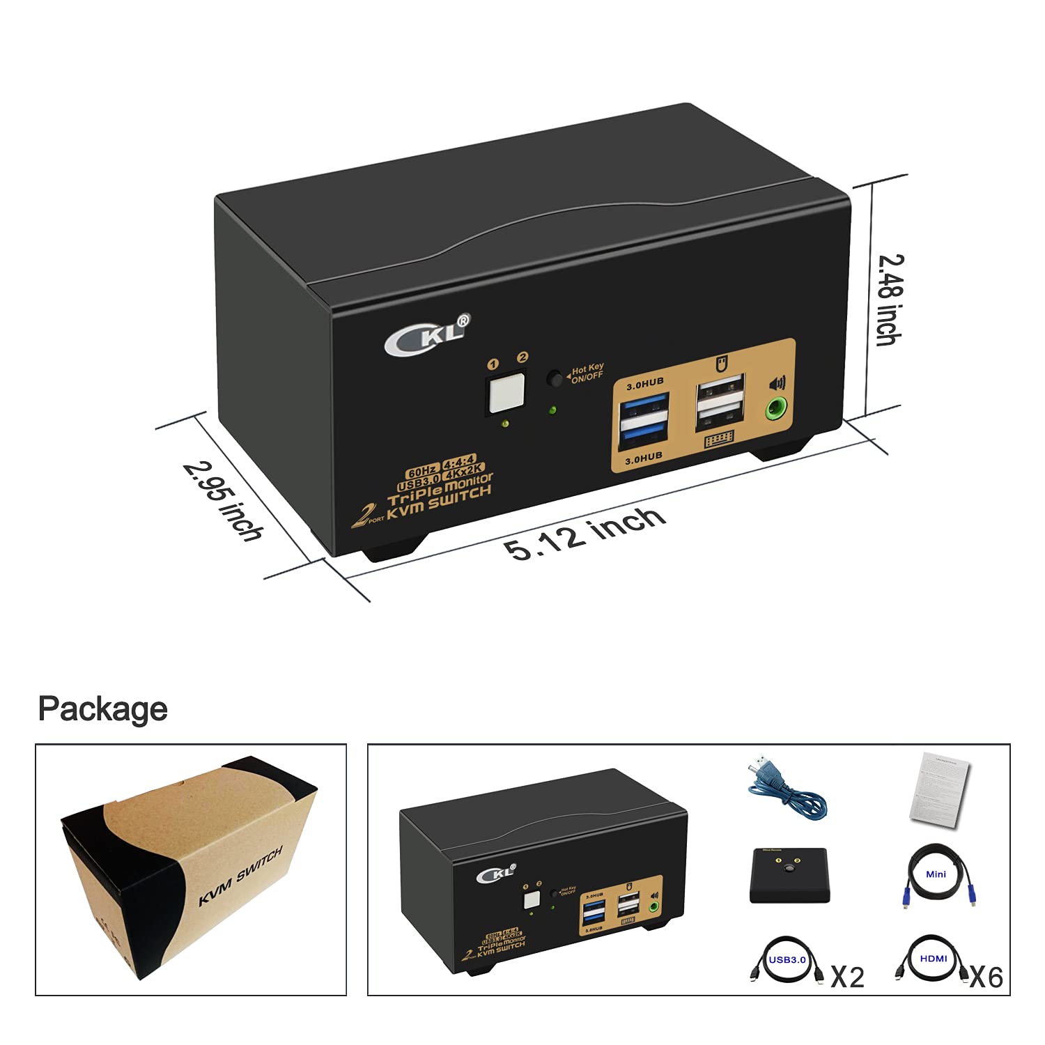 4K 60Hz USB 3.0 HDMI KVM Switch - 2 Port Triple Monitor Extender with Audio & Cables (Model 923HUA-3) for Home Office, Gaming Setup & Multi-Device Workstations