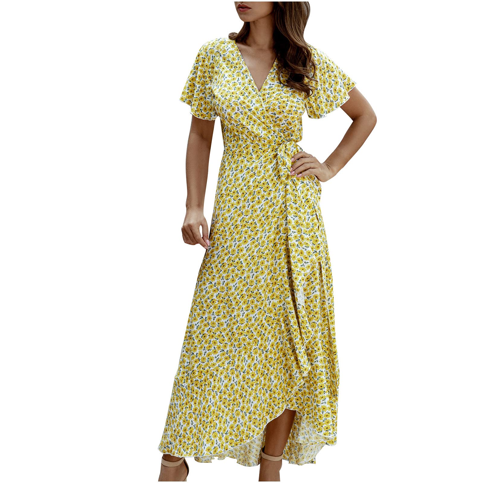 **Women's Sexy Summer V-Neck Printed Short Sleeve Dress - Casual Beachwear for Vacations, Parties & Date Nights**