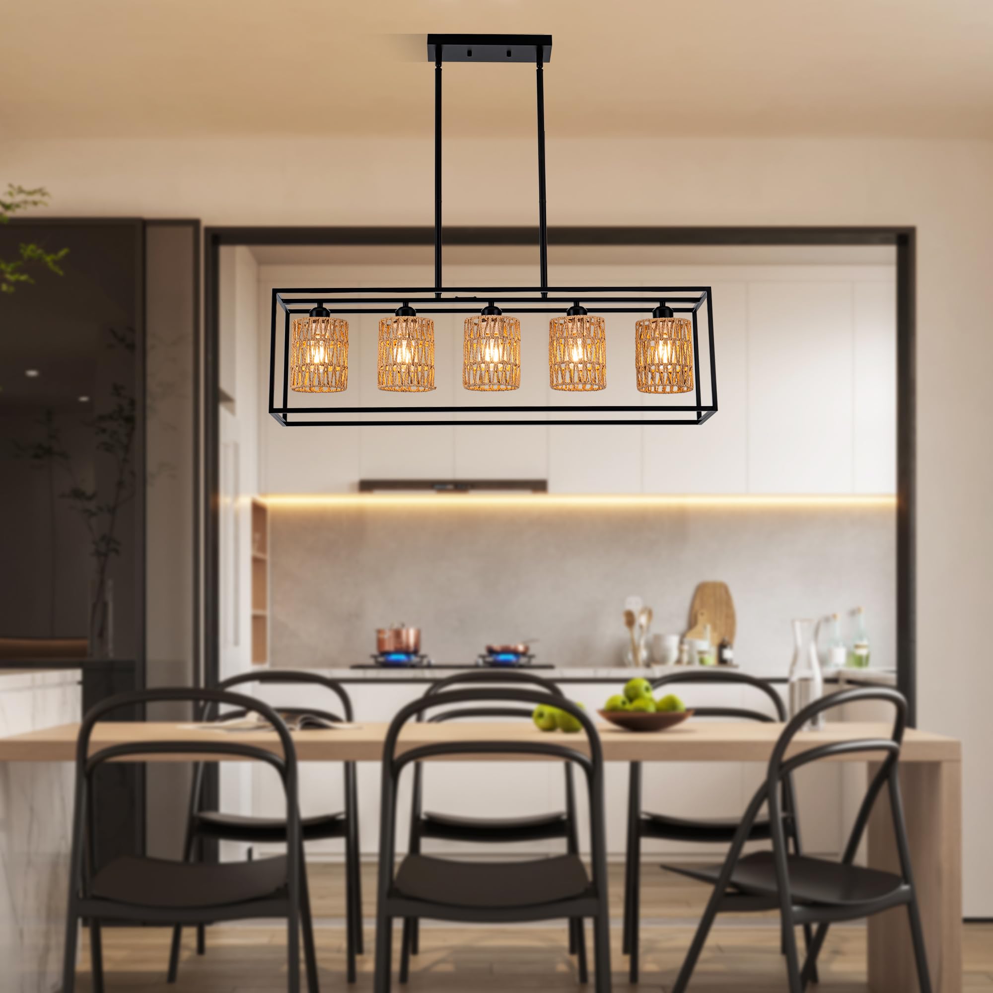 5-Light Rattan Kitchen Island Chandelier - Modern Boho Rustic Hanging Light Fixture for Dining Room & Farmhouse Kitchen | Perfect Over Tables & Kitchen Islands