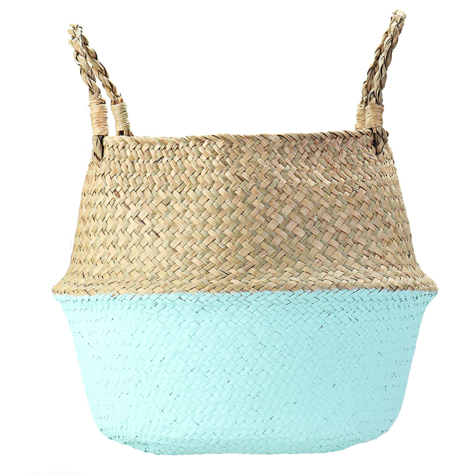 Handmade Seagrass Basket - Foldable Storage for Laundry & Plants (35x31cm, Blue) - Home & Garden Decor