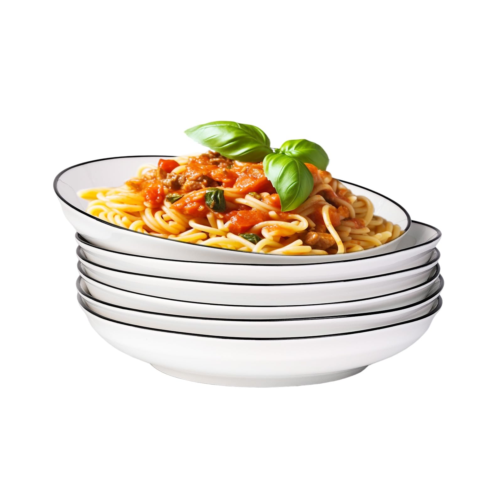 YOLIFE 20 oz Pasta and Salad Bowls Set of 6, 8 Inch White Porcelain Dinner Plates with Black Trim - Perfect for Pasta, Salad, Soup, and Family Dining