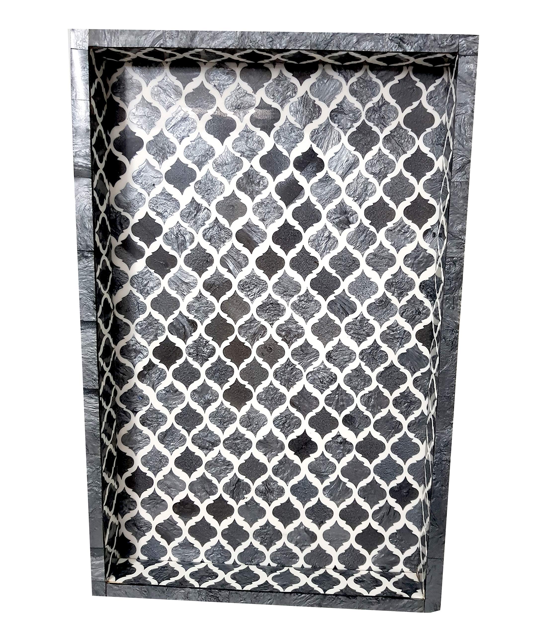 Handmade Moroccan Quatrefoil Inlay Tray - Designer Bone Inlay Coffee Table Decor, Grey Moorish Handicraft Tray for Breakfast, Jewelry & Home Decor | Perfect for Living Room, Bedroom & Office