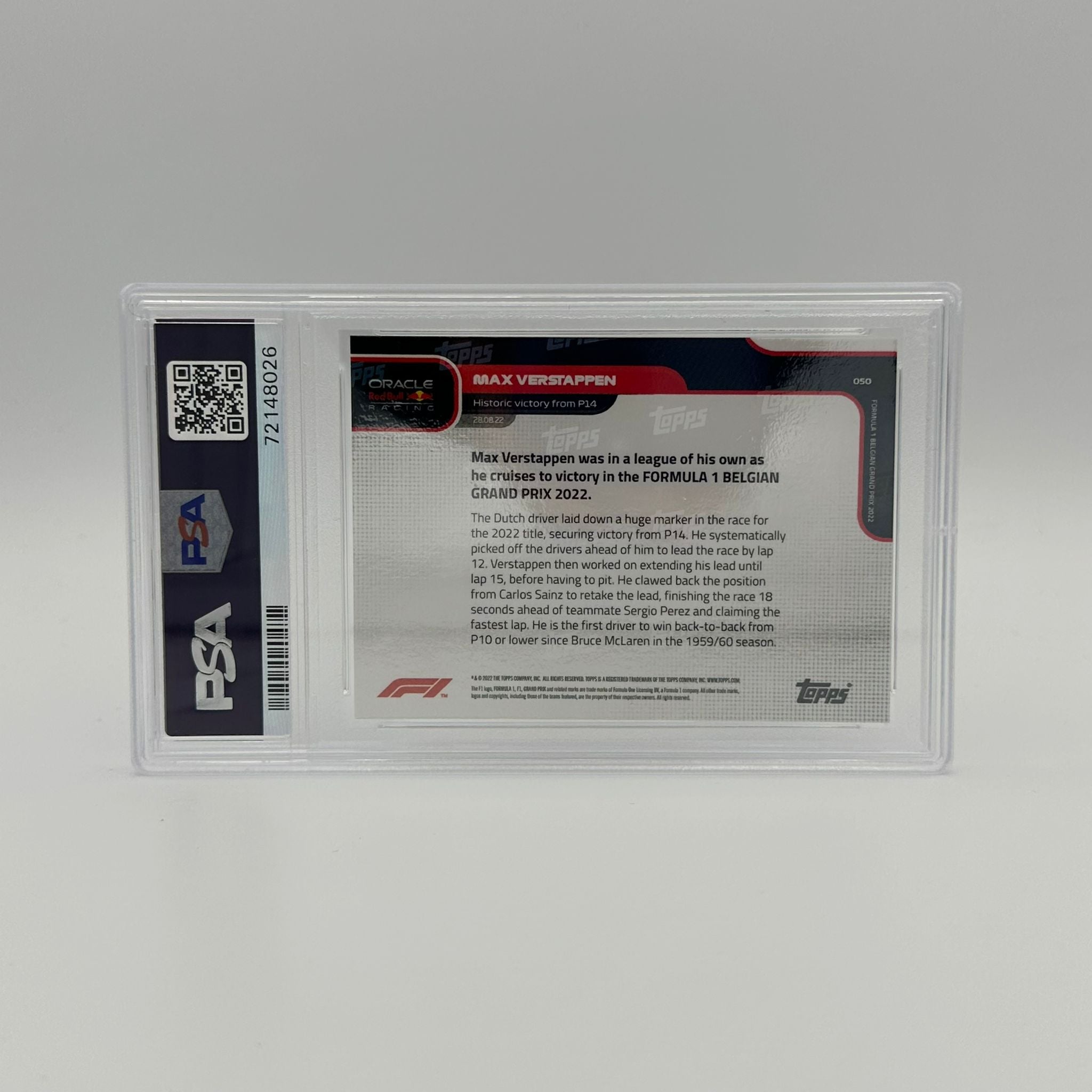 PSA 9 Graded 48/99 Max Verstappen Historic Victory from P14 #50 - Perfect for F1 Collectors, Racing Memorabilia Displays & Sports Card Investments