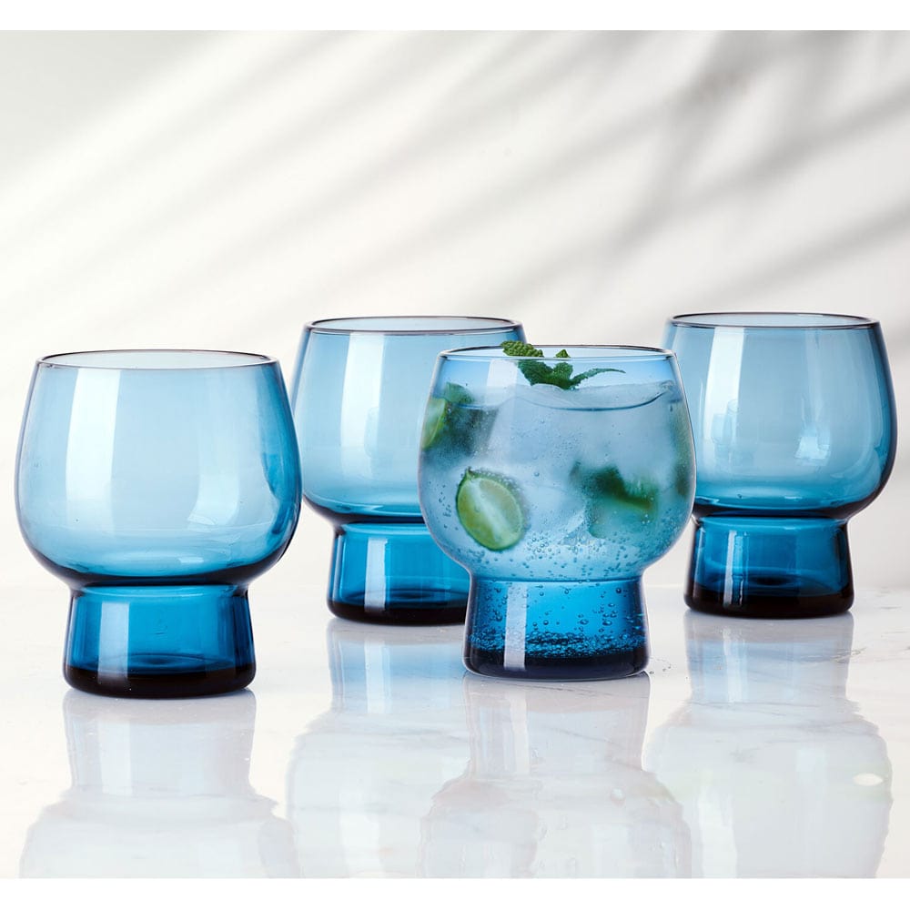 Phoebe Blue Set of 4 Double Old Fashioned Glasses - Premium Whiskey Cocktail Tumblers for Bourbon, Scotch & Craft Drinks - Perfect for Home Bars, Parties & Gifts
