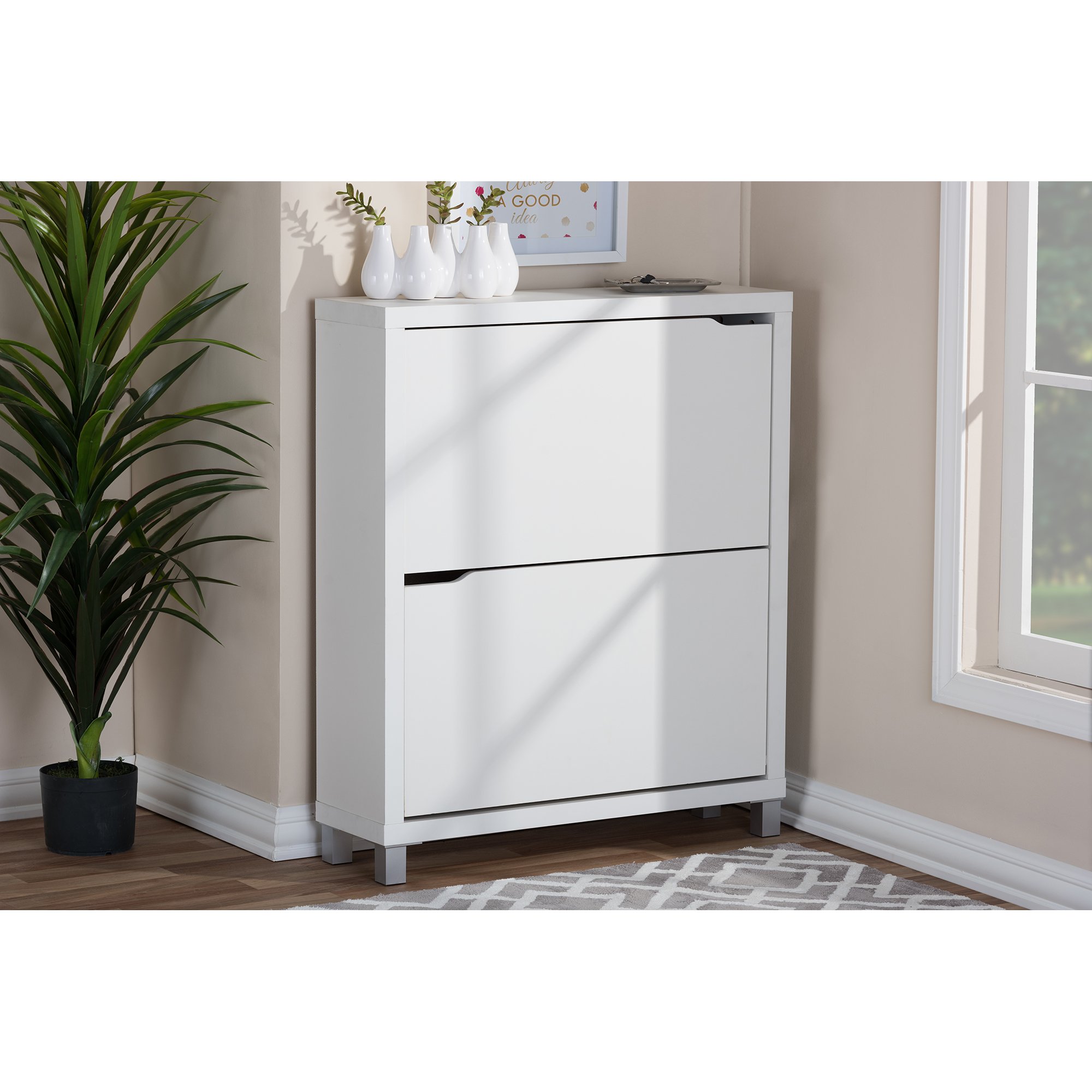 Baxton Studio Simms White Modern Shoe Cabinet - 12 Pair Storage Organizer with Adjustable Shelves for Entryway, Bedroom & Closet Organization