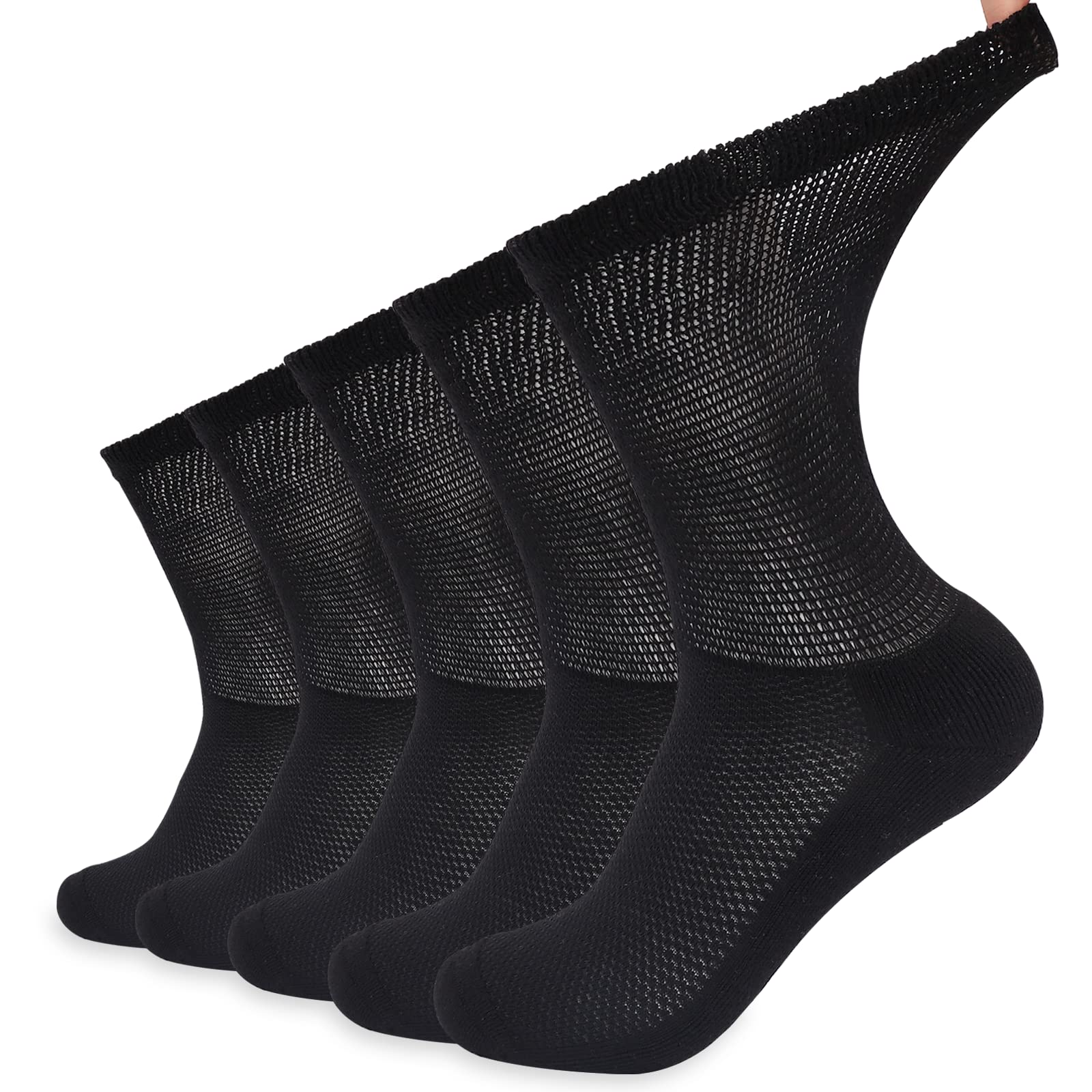 Aaronano 5 Pairs Bamboo Diabetic Socks for Men & Women - Seamless Toe, Non-Binding Crew Socks for Neuropathy & Hospital Use - Comfortable Breathable Socks for Diabetes Care & Daily Wear (Black, Medium)