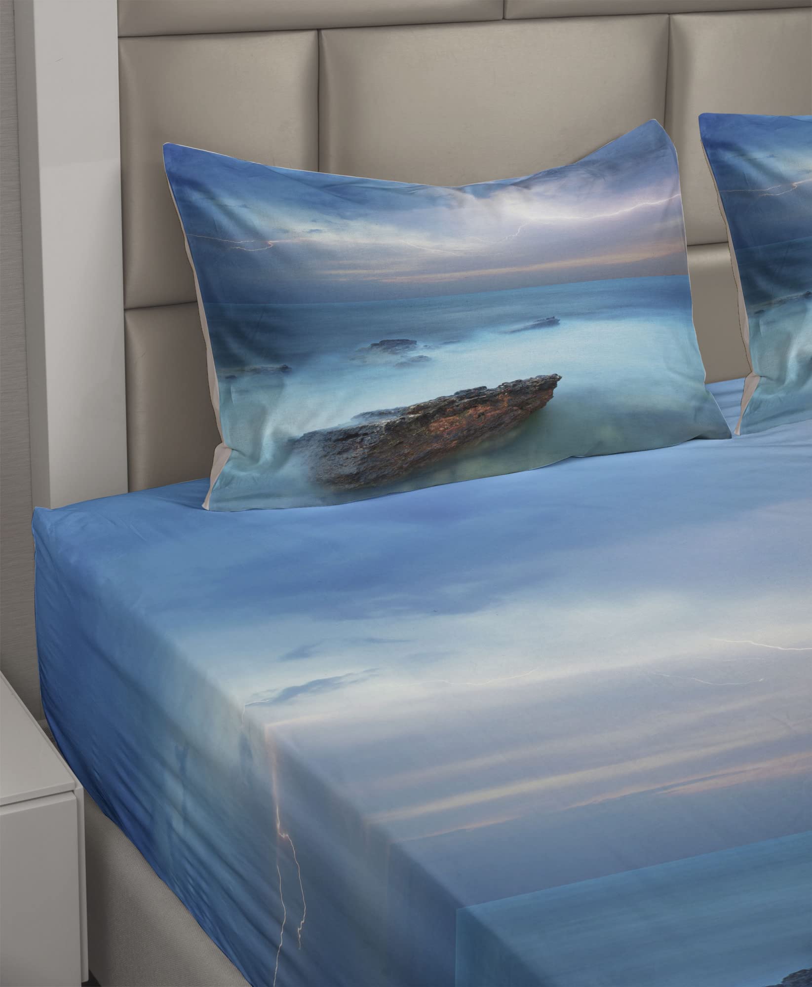 Ambesonne Tropical Ocean & Storm Epic Scenery 4-Piece King Size Bed Sheet Set - Fitted Sheet, Flat Sheet & 2 Pillowcases - Turquoise Coastal Themed Bedding for Beach House, Guest Room & Vacation Home Decor