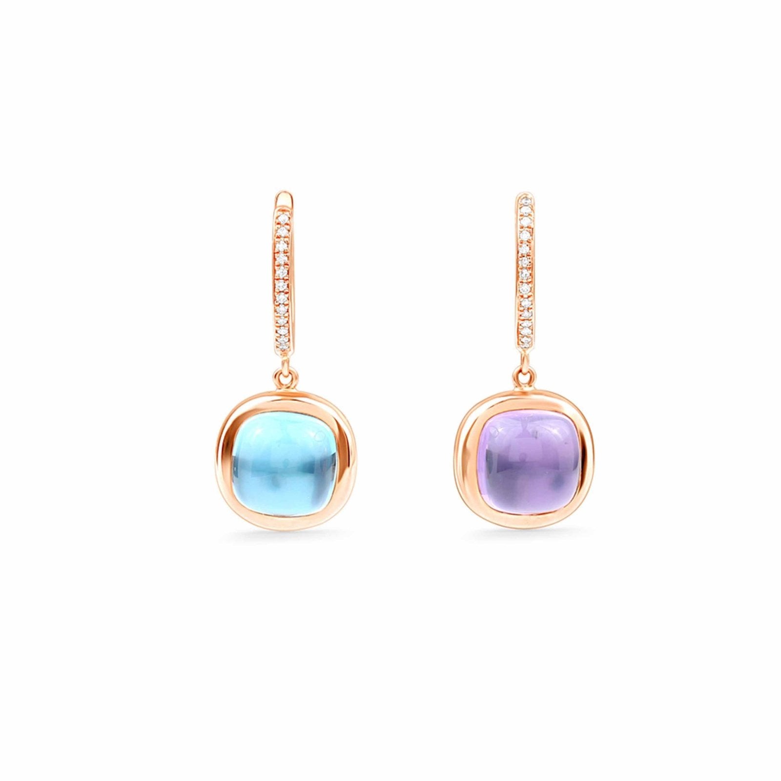 14k Rose Gold Reversible Hoop Earrings with Amethyst, Blue Topaz & Diamonds | Durable Bezel Set for Everyday Wear & Special Occasions