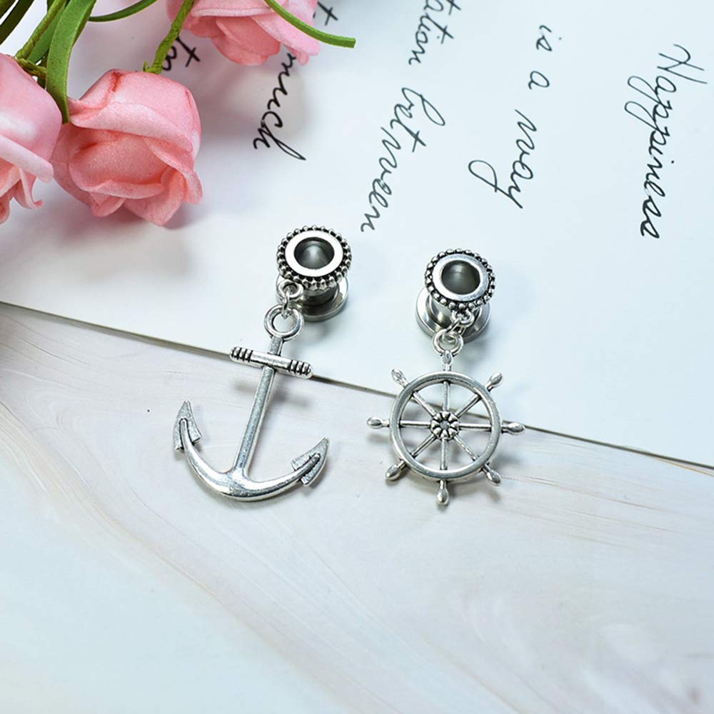 6-30mm Stainless Steel Anchor Dangle Flesh Tunnel Ear Gauges - Body Jewelry Plugs for Ear Stretching & Piercing - Perfect for Goth, Punk & Alternative Fashion Styles