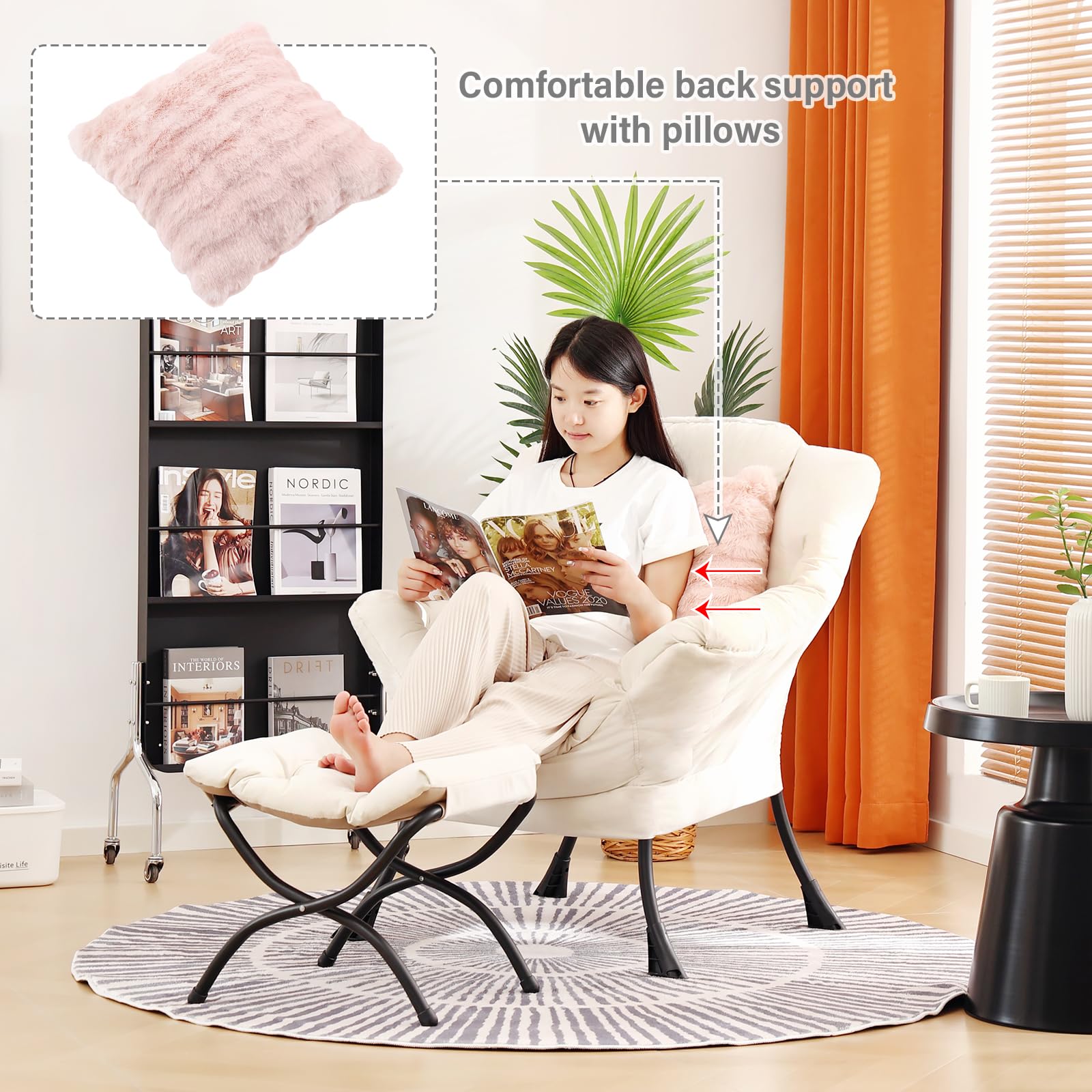 Large Lazy Chair with Ottoman - Plush Beige Accent Reading Chair with Throw Pillow, Cozy Lounge Armchair for Living Room, Bedroom & Dorm | Perfect for Relaxing, Reading & Napping