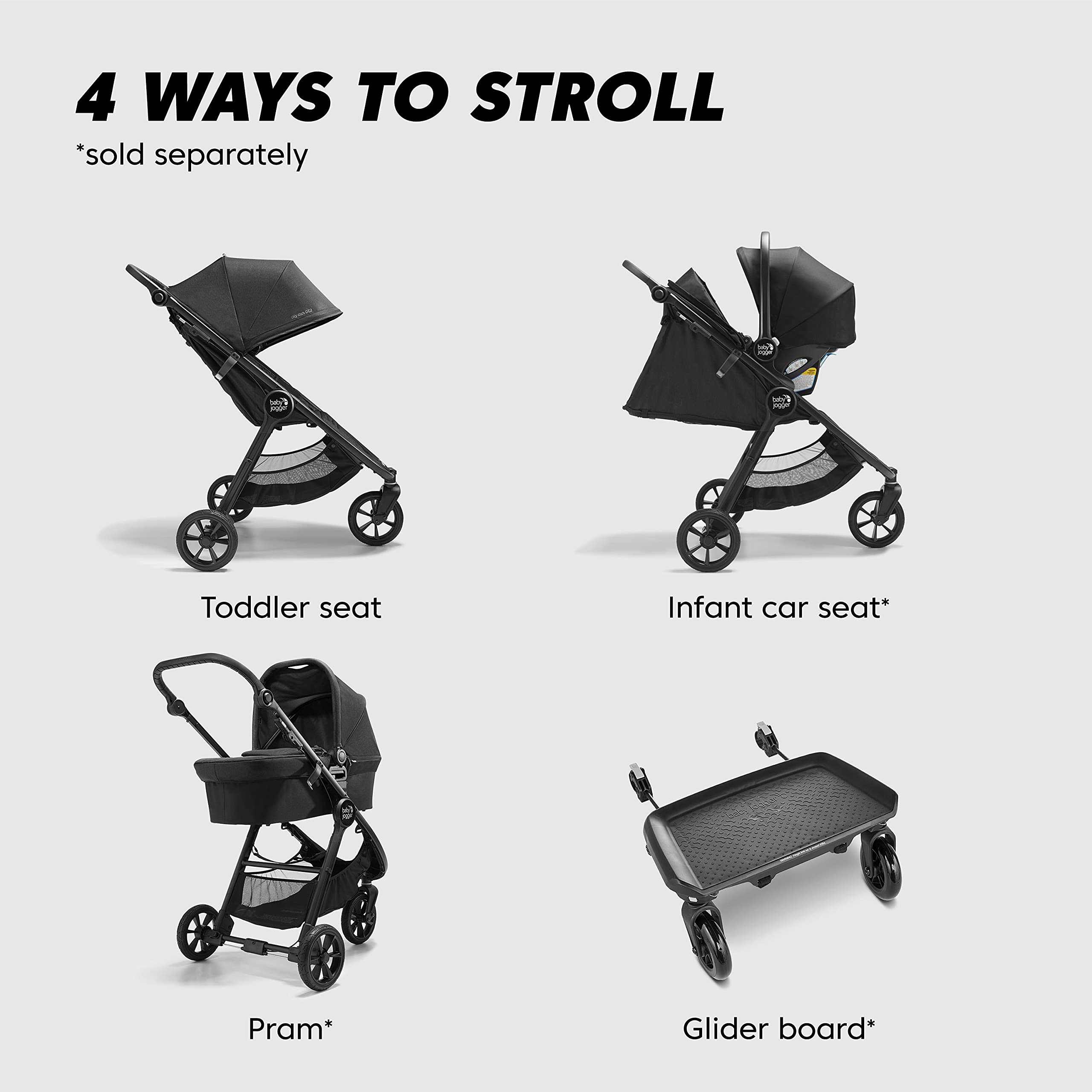 Baby Jogger City Mini GT2 All-Terrain Stroller - Lightweight Compact Travel Stroller with Adjustable Handlebar, Hand Brake & Car Seat Adapter | Perfect for City Walks, Jogging & Outdoor Adventures (Black)
