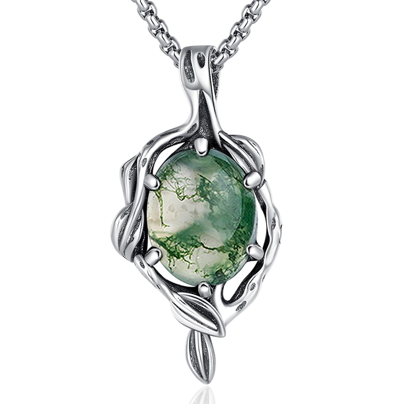 925 Sterling Silver Moonstone Necklace for Women - Oval Cut Moss Agate/Turquoise/Coral Pendant with Leaf Vine Design, Boho Chic Jewelry for Everyday Wear, Gift Giving & Special Occasions