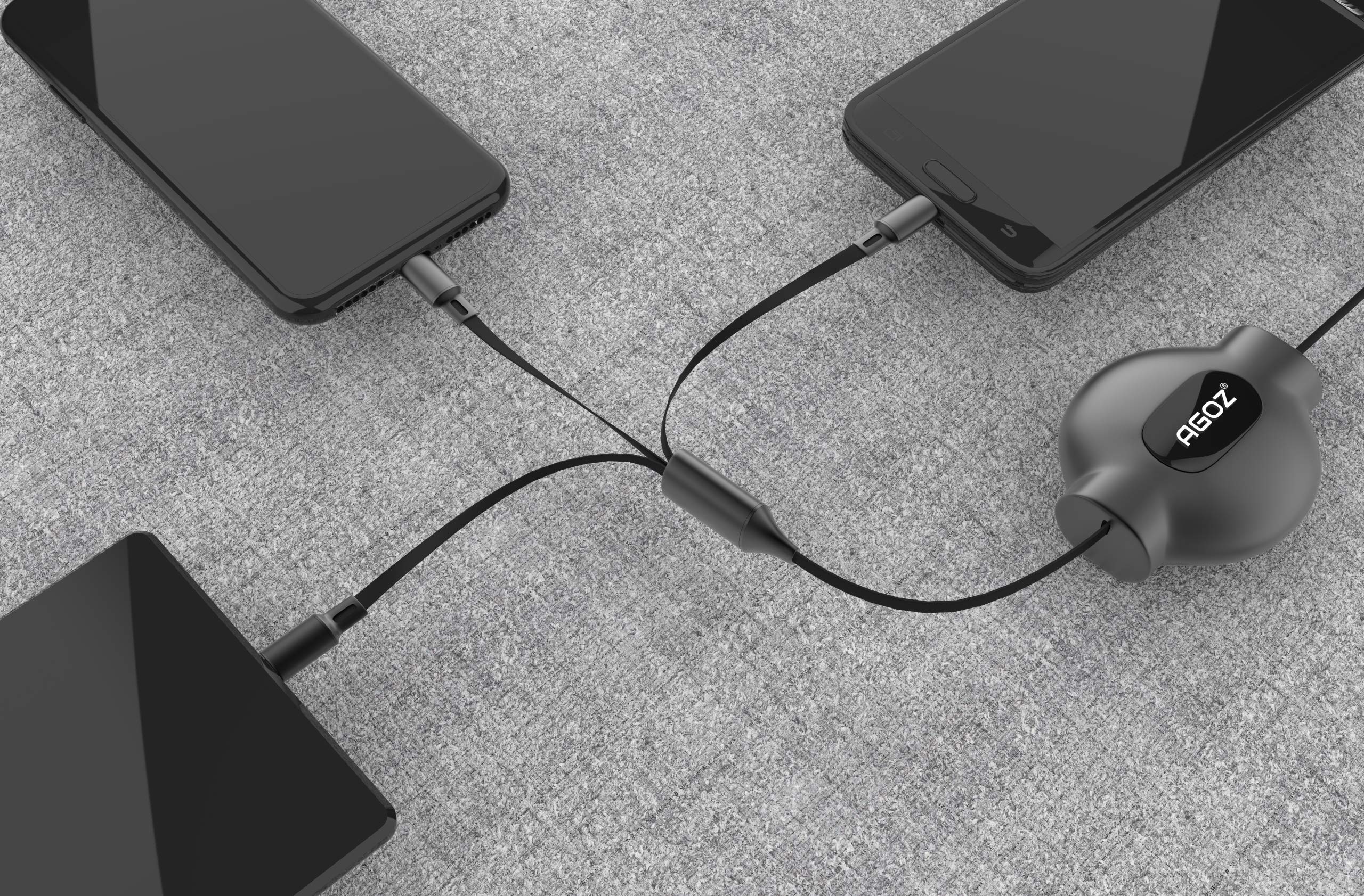 Retractable 3-in-1 Charger Cable with USB C/Micro USB/Lightning - Compatible with iPhone, Samsung Galaxy S24/S23/S22/S21, Note 20, A Series (A02s/A03s/A14/A15/A23/A24/A32/A34/A42/A53/A54/A72) - Perfect for Uber/Lyft Drivers & Truckers (Black) - Fast Charging for Phones, Tablets & More On-The-Go