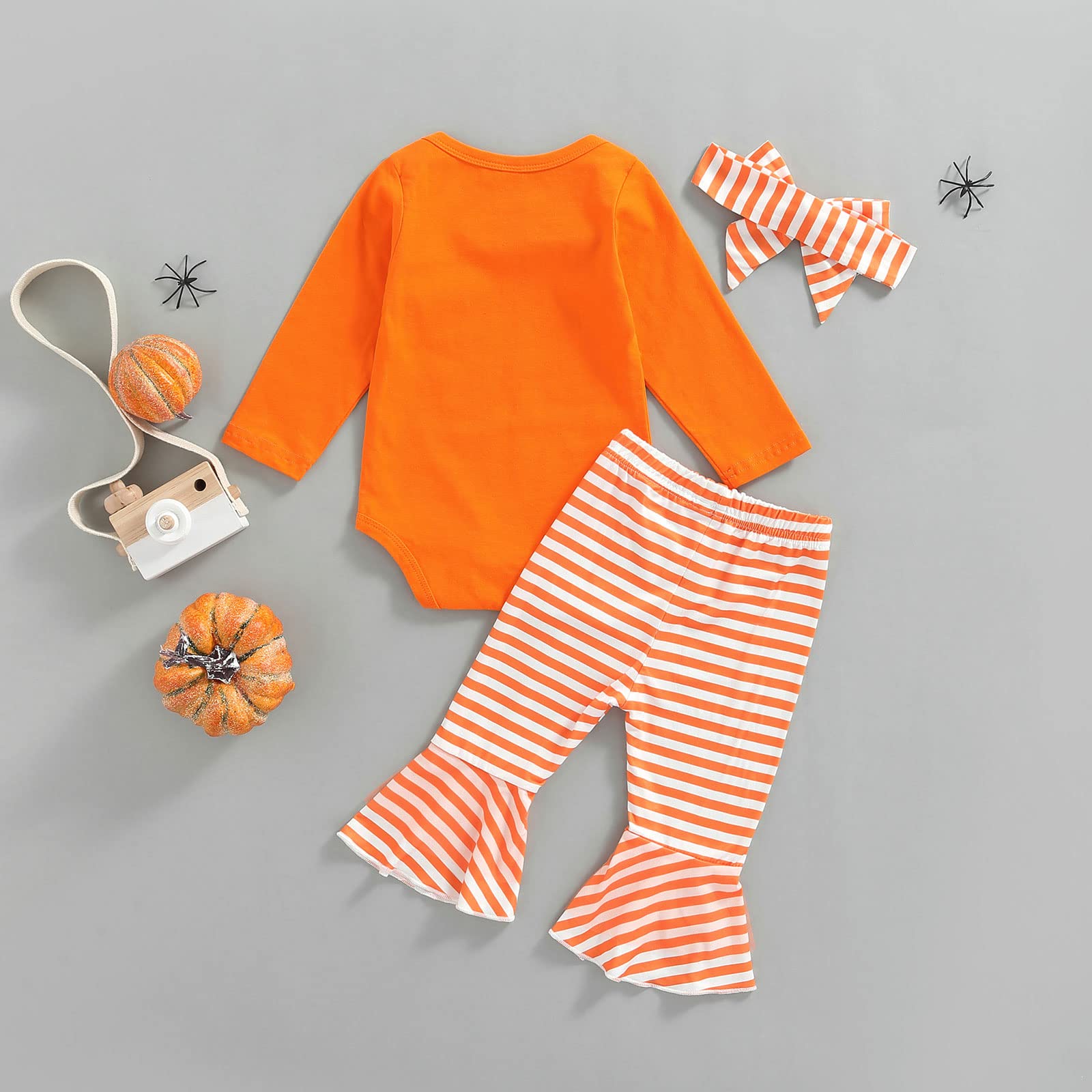 3Pcs Baby Girl Halloween Outfit Set - Letter Print Long Sleeve Romper + Striped Pants + Headband - Fall Winter Clothes for Infants 0-24 Months - Perfect for Halloween Parties, Photo Shoots & Seasonal Dressing