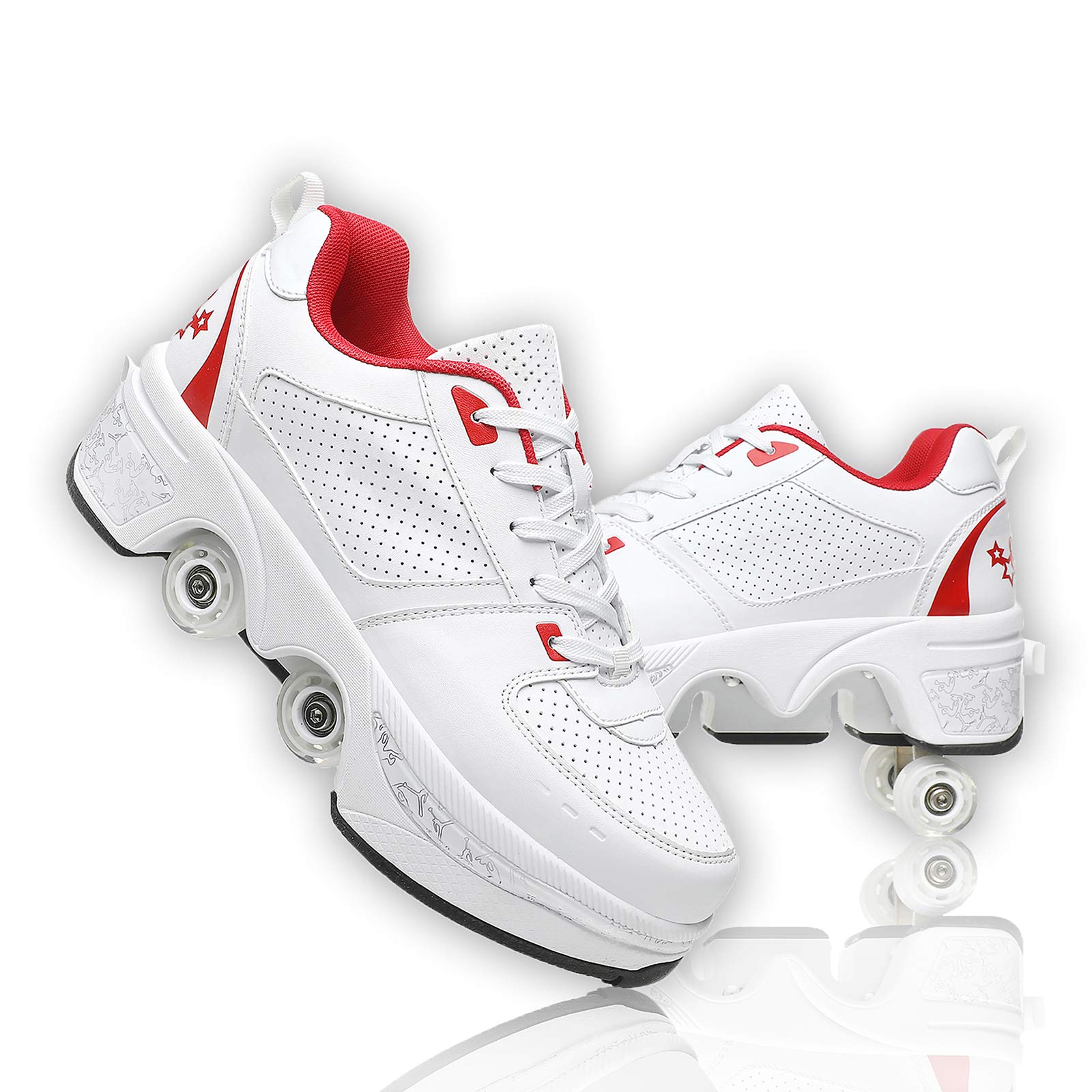 Fashiums 2-in-1 Double Row Deformable Wheel Roller Skates - Convertible Running Shoes with 4 Wheels for Parkour, Skating & Outdoor Sports | Perfect for Street Skating, Fitness Training & Urban Commuting