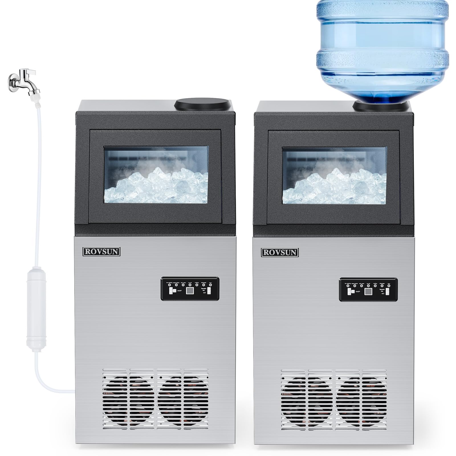 ROVSUN 110LBS/24H Commercial Ice Maker Machine with 2 Water Inlets, 24lbs Storage Bin, Ice Scoop & Water Filter - Freestanding Ice Machine for Home, Office, Restaurant, Bar, Cafe - Perfect for Parties, Events and Daily Beverage Service
