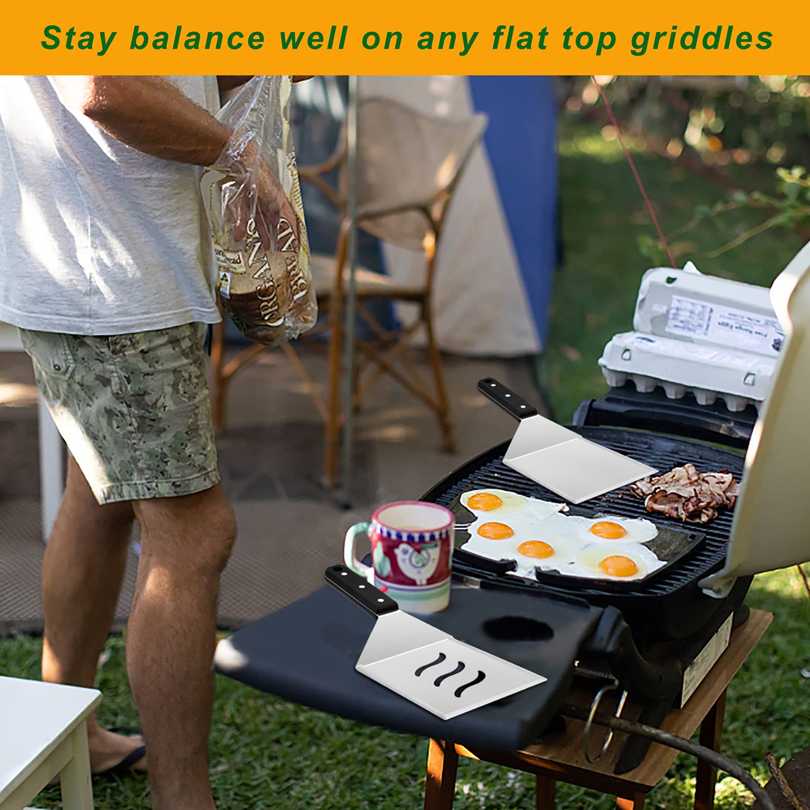 Premium Stainless Steel Spatula Set - Heavy Duty BBQ Griddle Turner, Hamburger Flipper & Pancake Spatula with Ergonomic ABS Handle for Teppanyaki, Flat Top Grill, Outdoor Cooking - Dishwasher Safe & Includes 2 Hooks for Storage - Perfect for Backyard BBQs, Camping & Commercial Kitchen Use