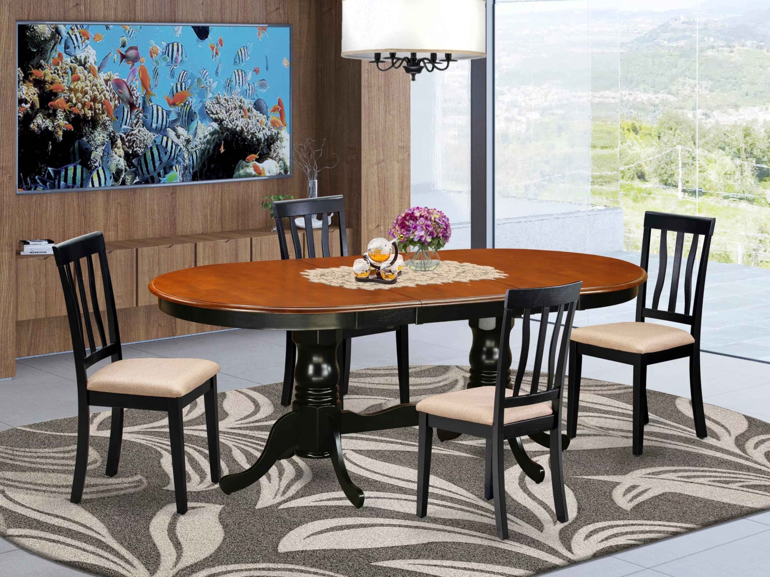 East West Furniture PLAN5-BCH-C 5-Piece Black & Cherry Dining Table Set with Butterfly Leaf Extension and 4 Linen Upholstered Chairs, 42x78 Inch - Perfect for Kitchen, Dining Room, and Small Space Entertaining