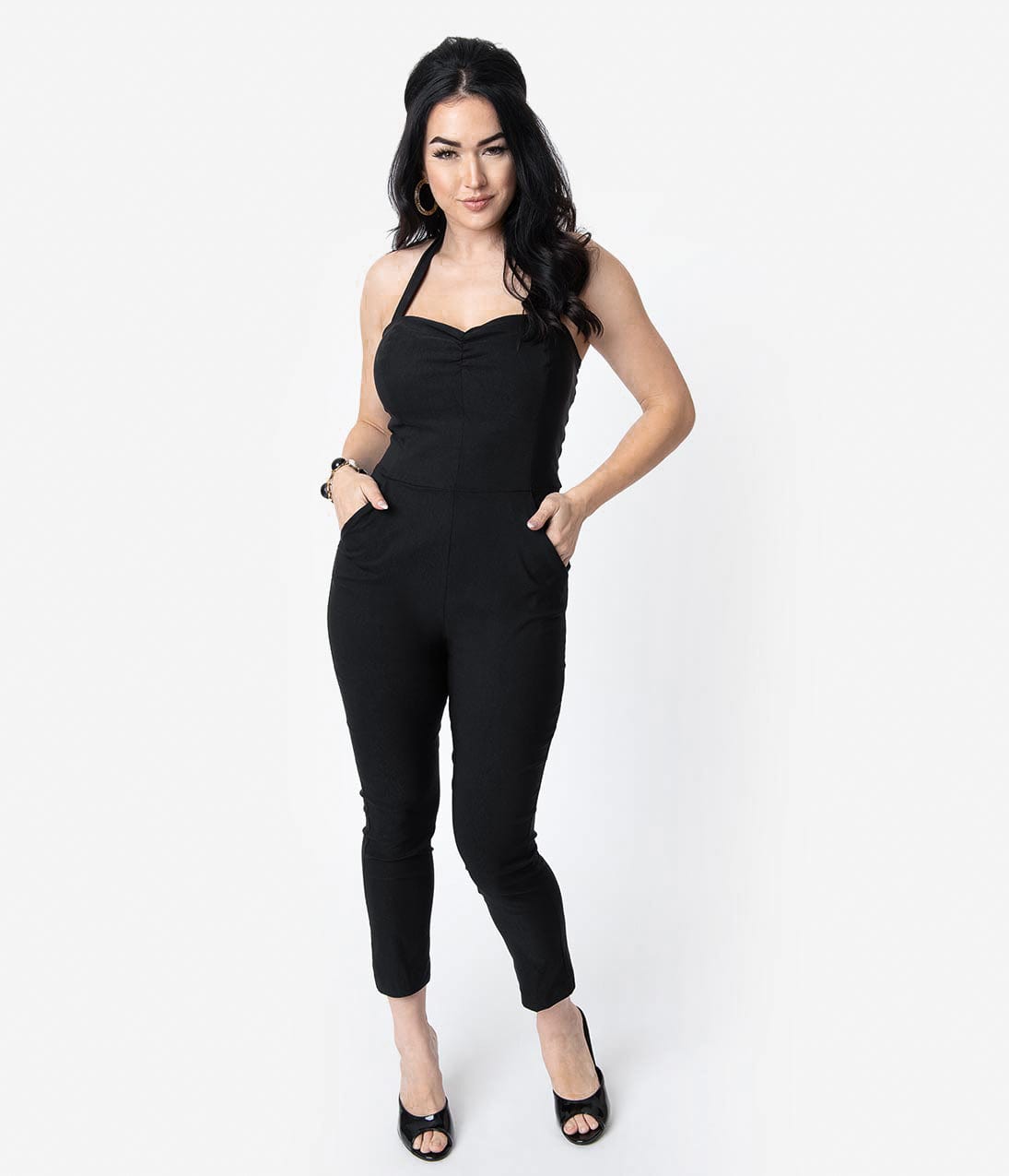 Vintage 1950s Black Halter Marcel Jumpsuit - Retro Pin-Up Style One-Piece for Women | Perfect for Cocktail Parties, Vintage Themed Events & Photo Shoots