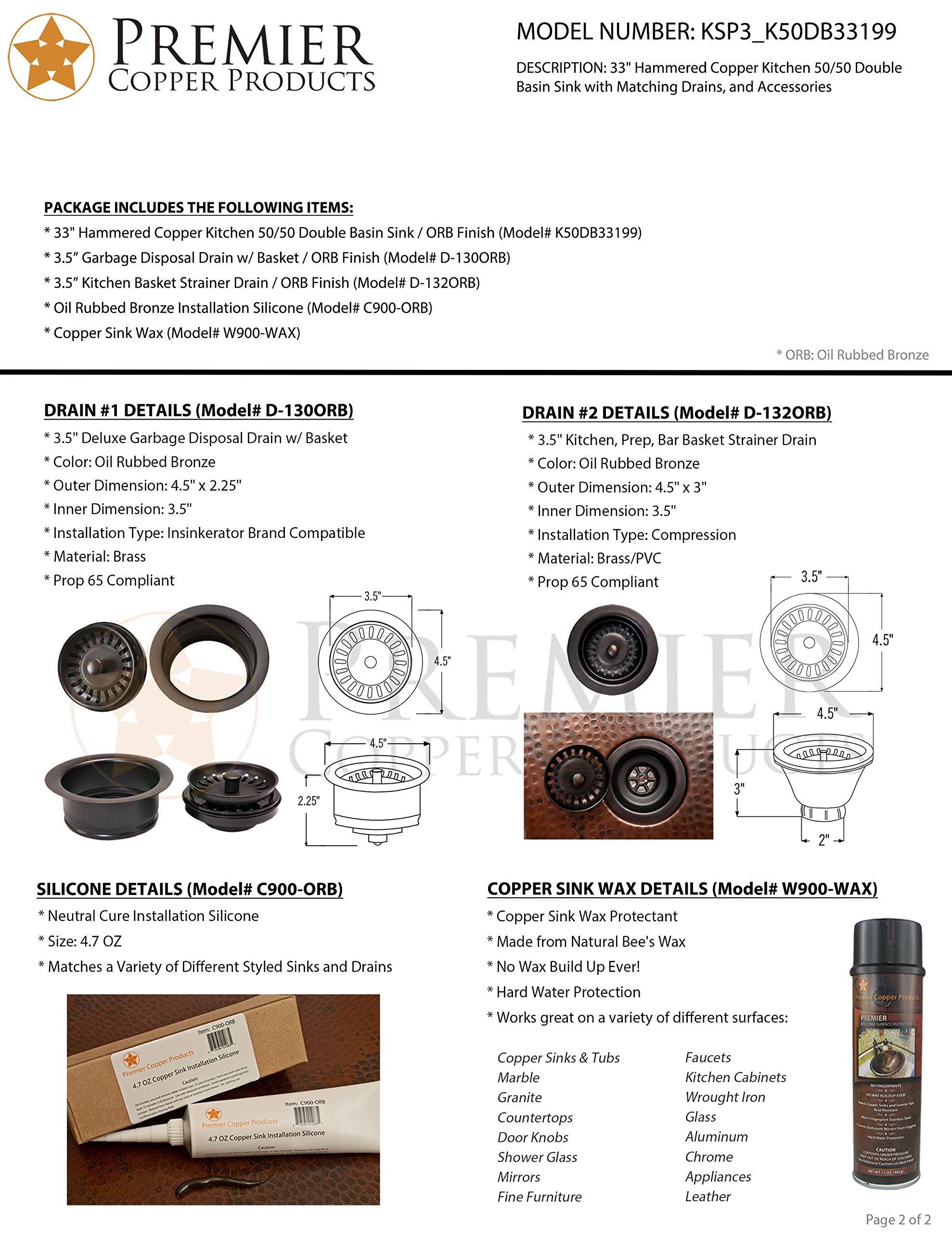 Premier Copper Products KSP3_K50DB33199 33-Inch Basin Split Copper Kitchen Sink with Drain - Rust-Resistant, Durable & Stylish for Modern Farmhouse & Rustic Kitchens