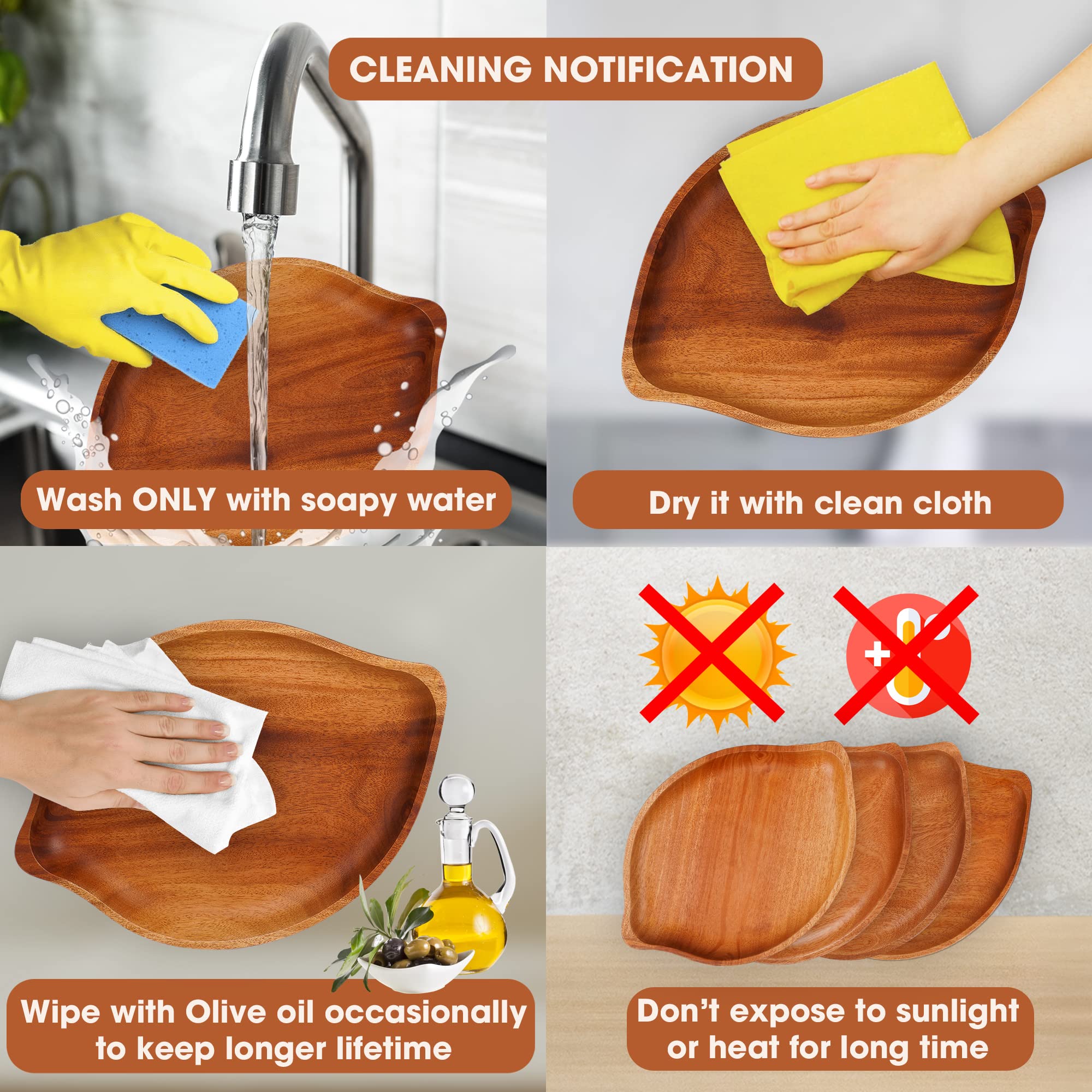 Premium Unbreakable Leaf-Shaped Wooden Plates Set of 4 - Khaya Wood Appetizer & Dessert Plates (9.4