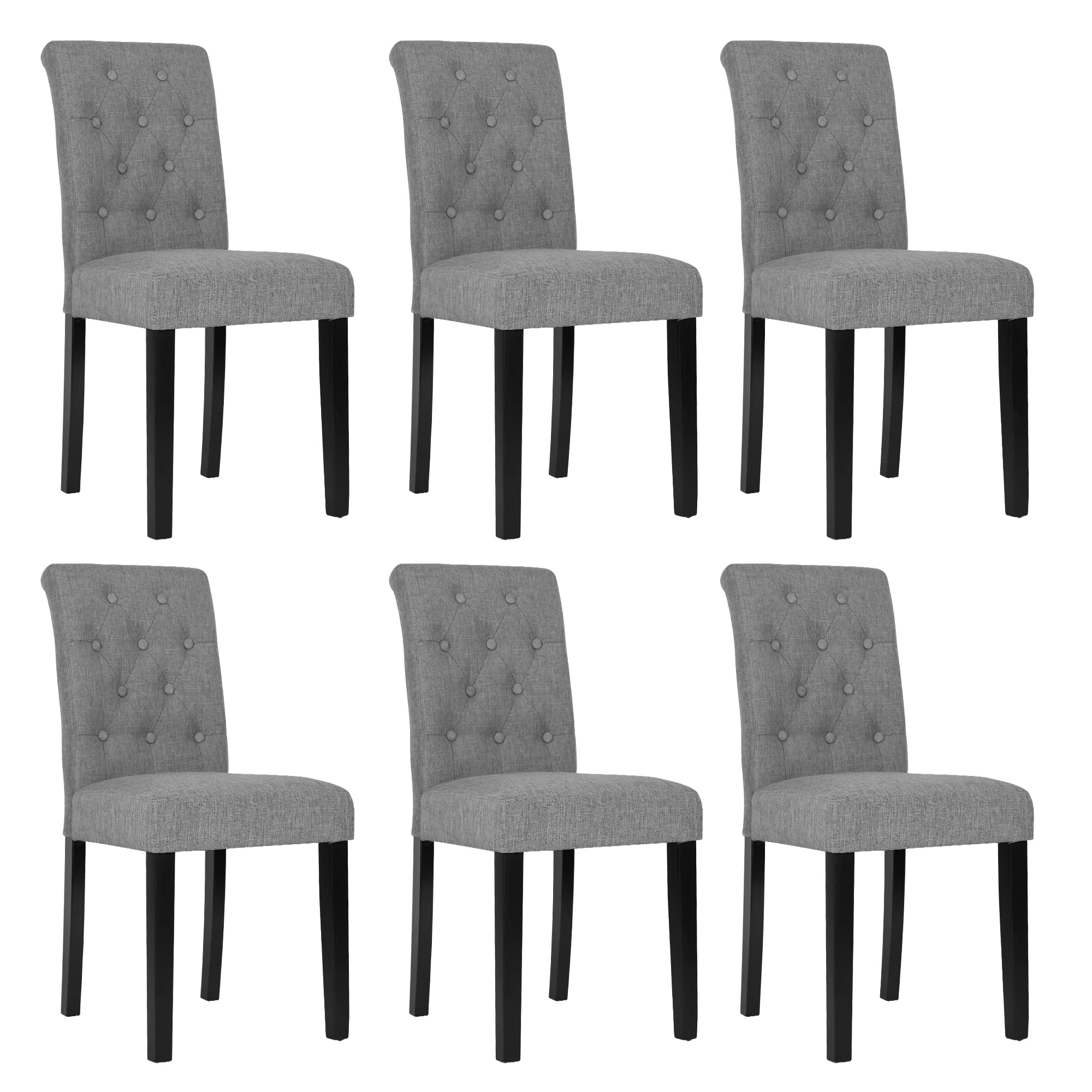 Premium DAGONHIL Dining Chairs Set of 6 - Button Tufted Upholstered Kitchen Chairs with Sturdy Black Solid Wood Legs (Gray) - Perfect for Dining Room, Kitchen, Breakfast Nook & Home Decor