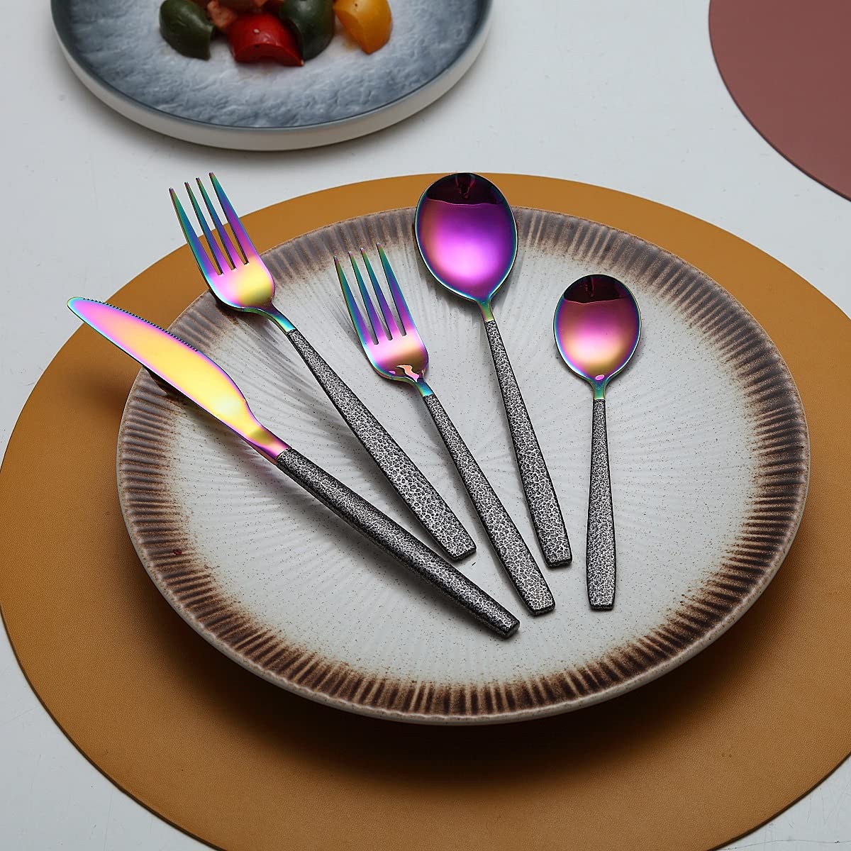 20-Piece Rainbow Silverware Set - Stainless Steel Titanium Colorful Plating with Black Mars Handle - Knives, Spoons, Forks Flatware Cutlery Set for 4 - Perfect for Dinner Parties, Weddings & Elegant Dining