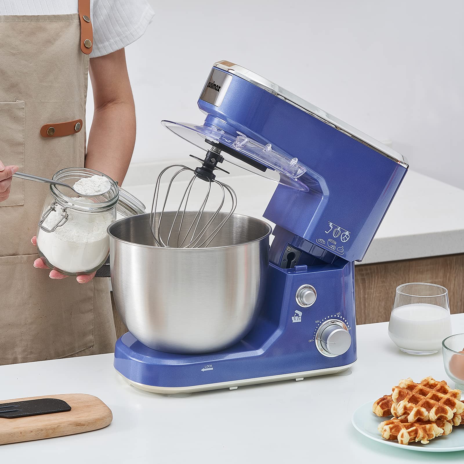 CUSIMAX 5-QT Stand Mixer with Stainless Steel Bowl - Tilt-Head Electric Kitchen Mixer Includes Dough Hook, Beater & Whisk - Splash Guard, Blue - Perfect for Baking Cakes, Cookies & Kneading Dough