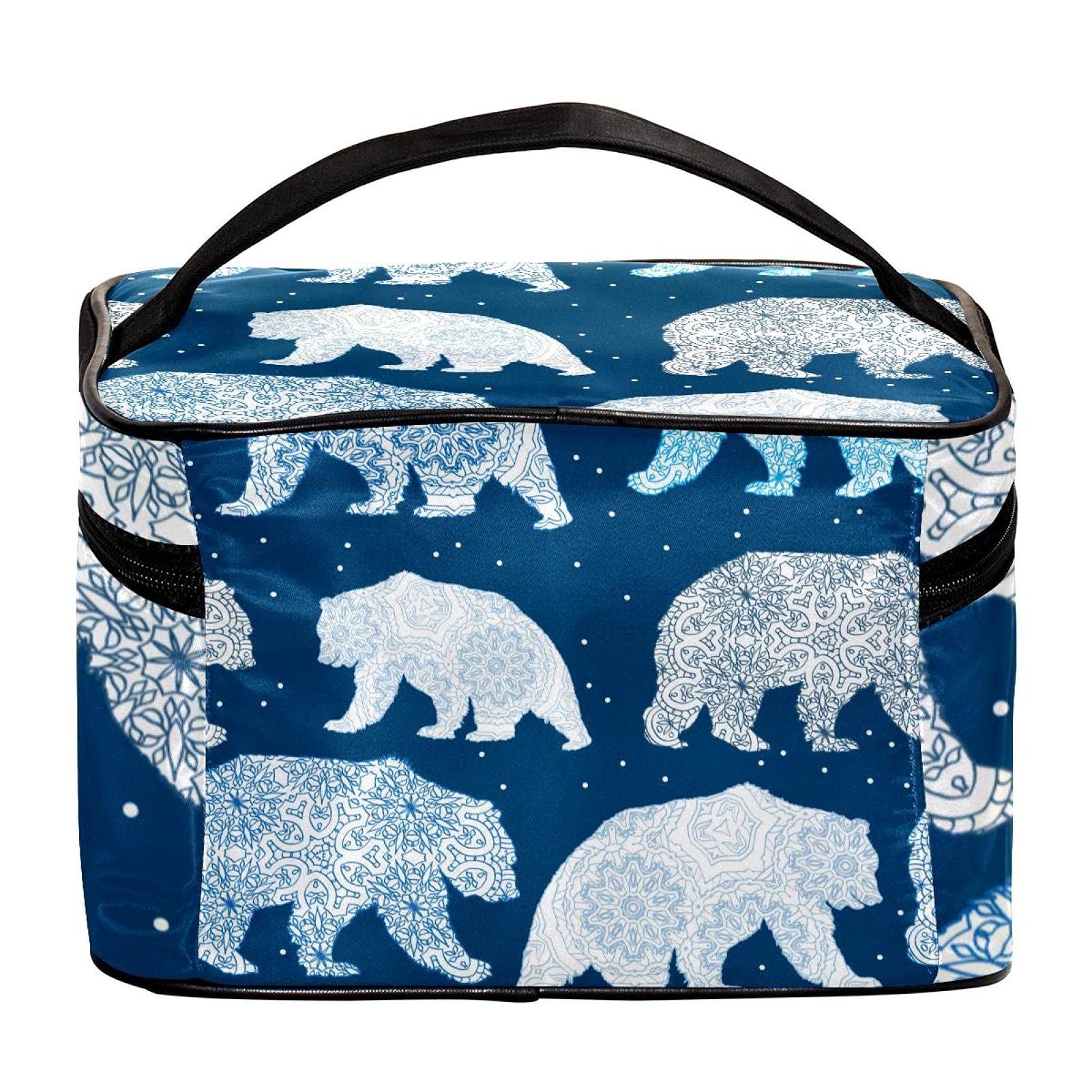 Polar Bear & Dots Blue Pattern Large Travel Makeup Bag - Waterproof Cosmetic Organizer with Zipper for Women & Girls | Perfect for Vacation, Gym, and Daily Essentials Storage