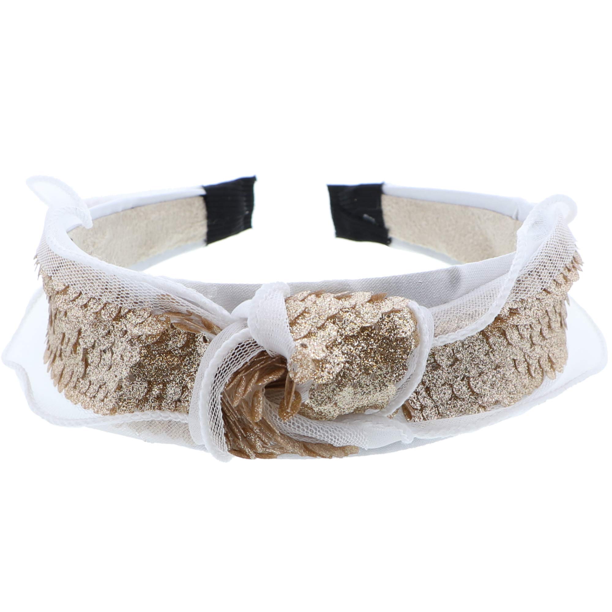 Beautiful Holiday Tulle Knot Headband With Sequins - White and Gold, Perfect for Weddings, Parties, and Special Occasions