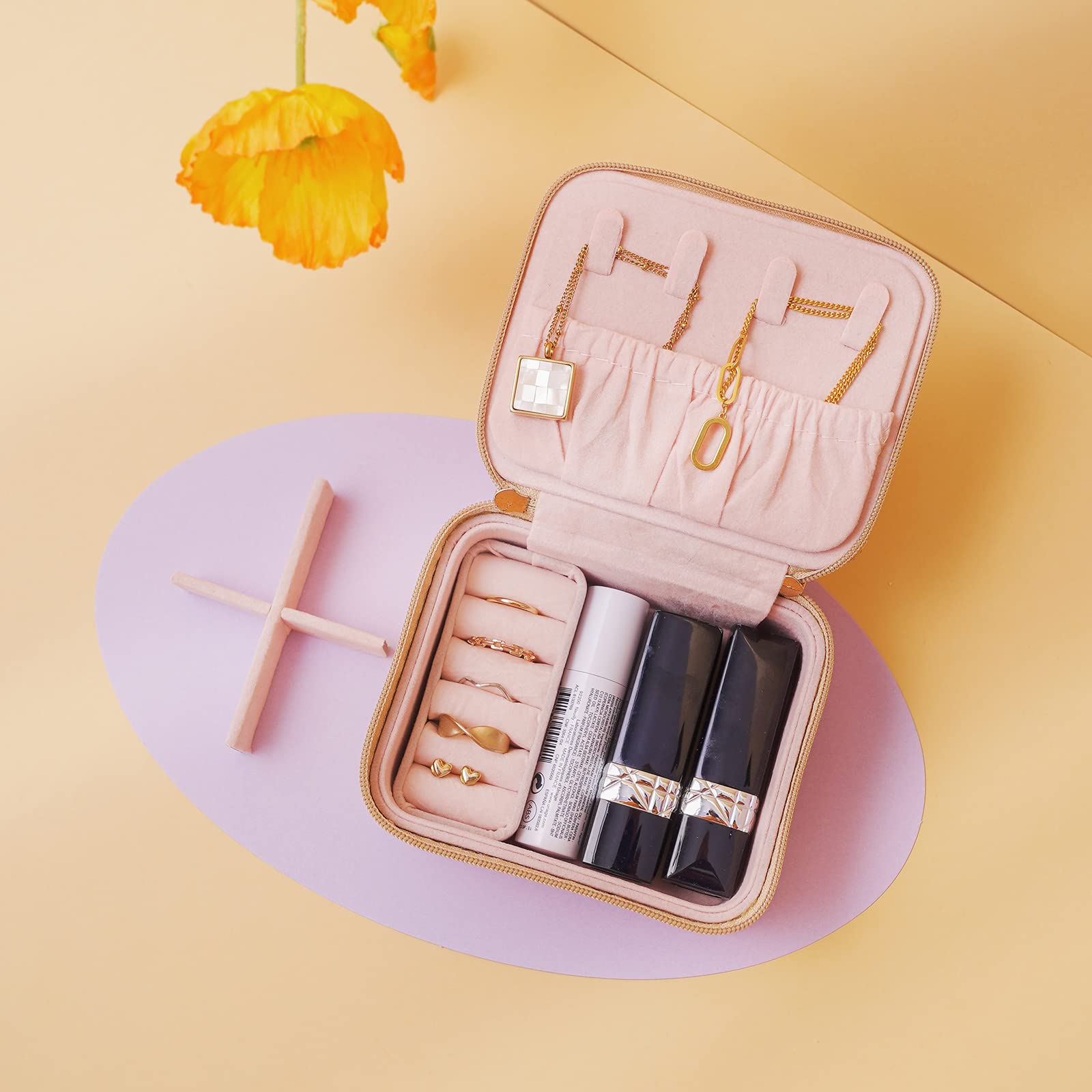 Portable Leather Jewelry Organizer Box for Women - Mini Travel Jewelry Case with Earring & Ring Storage - Perfect Gift for Travel, Home, Office (Gold)