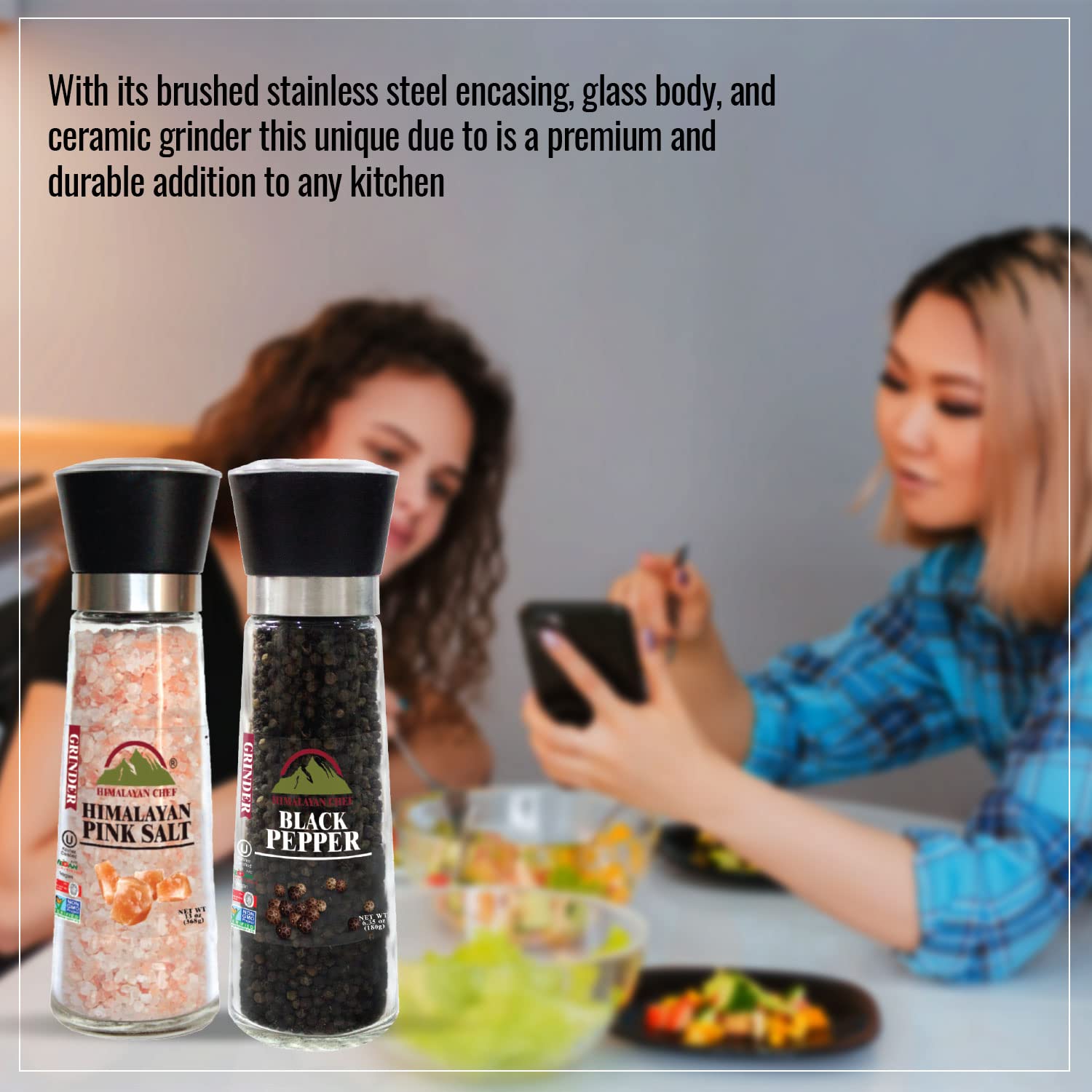 Premium Himalayan Pink Salt & Pepper Grinder Set - 2 Adjustable Ceramic Mills with Glass Containers - Large Salt Shaker & Pepper Mill for Gourmet Cooking, Kitchen, Dining Table & Restaurant Use (5351AX2)
