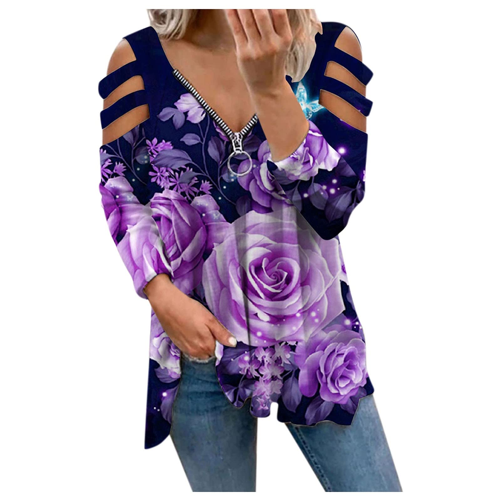 iLUGU Women's Long Sleeve V-Neck Blouse with Zipper Print & Butterfly Design - Summer Casual Tops for Women | Perfect for Office Wear, Date Night & Outdoor Activities