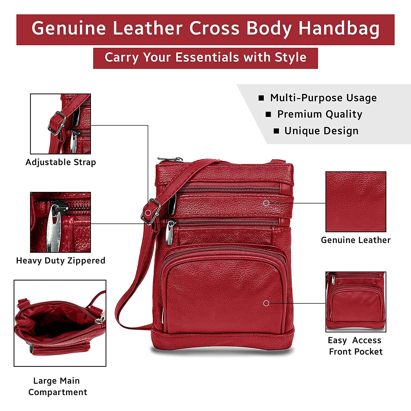 Krediz Genuine Leather Crossbody Bags for Women - Multi Pocket Adjustable Strap Shoulder Purse - Soft & Durable Leather Handbag - Perfect for Travel, Shopping & Everyday Use
