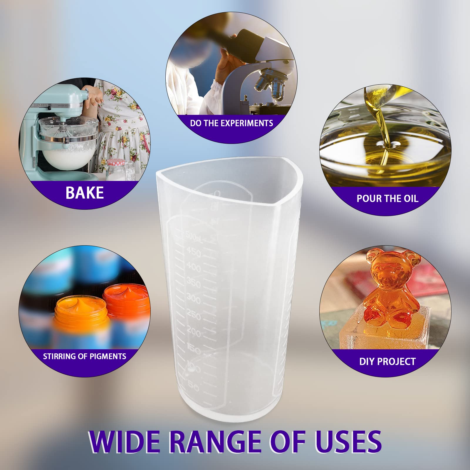**Premium Silicone Resin Measuring Cups - 500ml Thick Non-Stick Mixing & Pouring Cups with 3 Measurement Units (Ounces, Milliliters, Grams) - Ideal for Epoxy Resin, Art Crafts, Baking & DIY Projects**