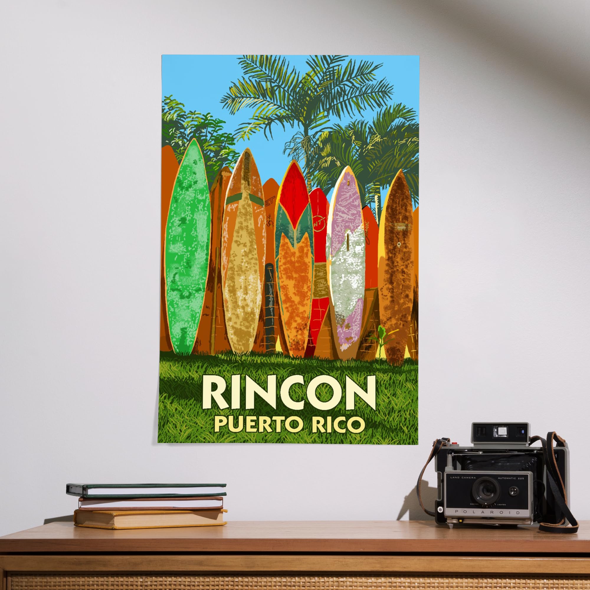 Lantern Press 16x24 Inch Giclee Art Print - Rincon Puerto Rico Surfboard Fence Wall Decor - Perfect for Beach House, Living Room & Coastal Themed Interiors
