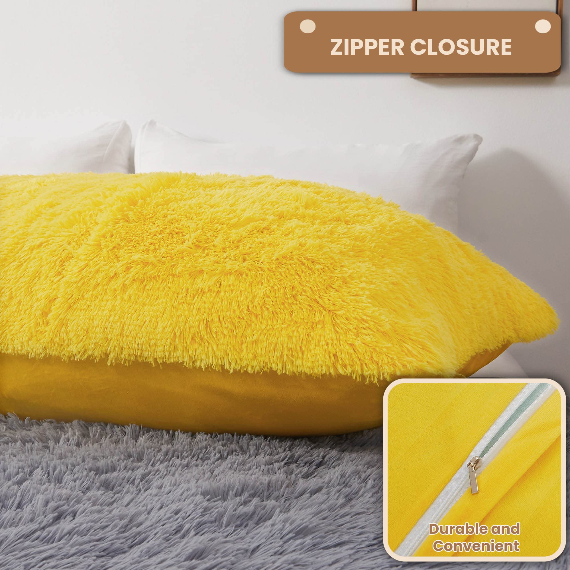 Luxury Fluffy Body Pillow Cover 20x54 Inches - Soft Shaggy Faux Fur Pillow Case with Zipper Closure - Plush Decorative Hug Pillow for Bedroom, Couch & Dorm - Yellow Furry Long Bed Pillow for Comfort & Style
