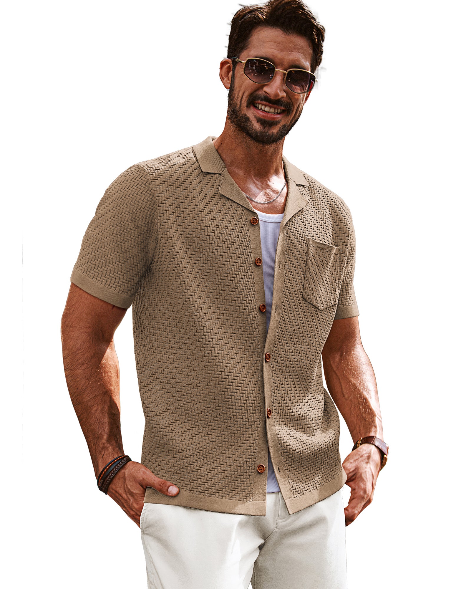 Men's Textured Short Sleeve Cardigan - Camp Collar Button Up Knit Sweater for Casual Outfits & Summer Layering