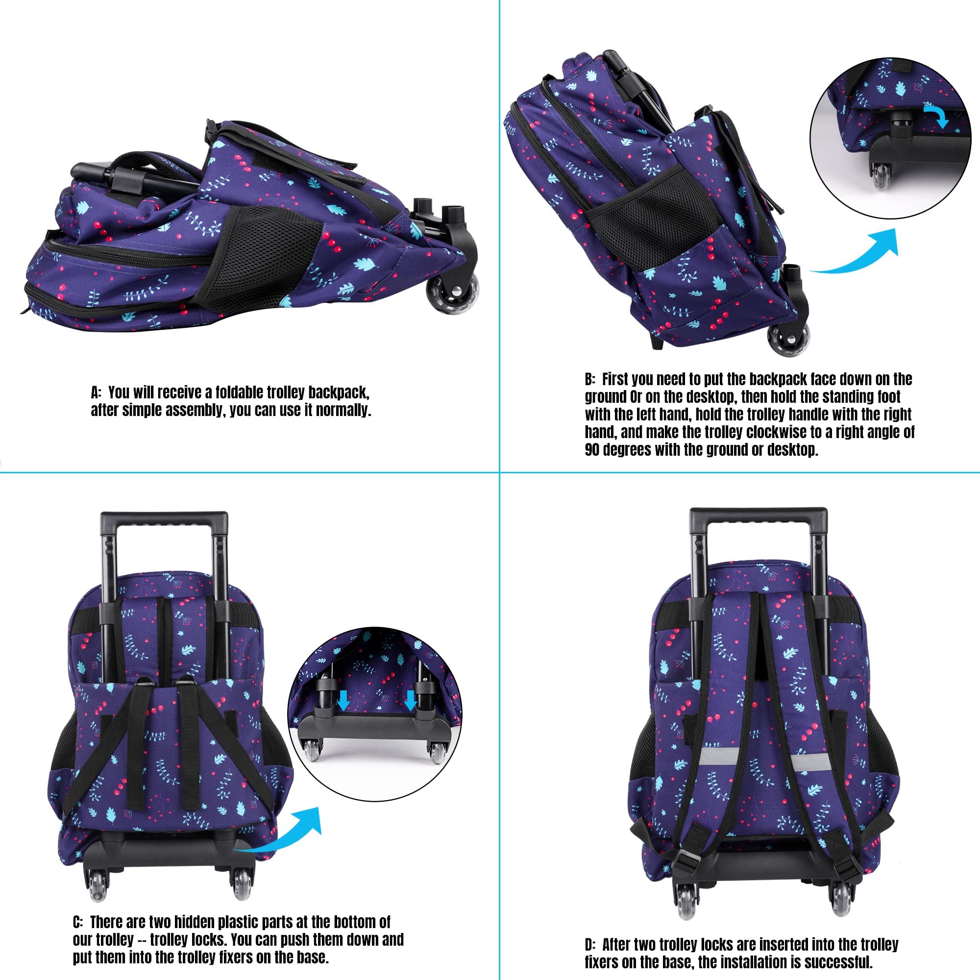 Seastig 18in Rolling Backpack for Kids - Double Handle Wheeled Backpack with Lunch Bag Set | School, Travel & Daily Use for Boys & Girls