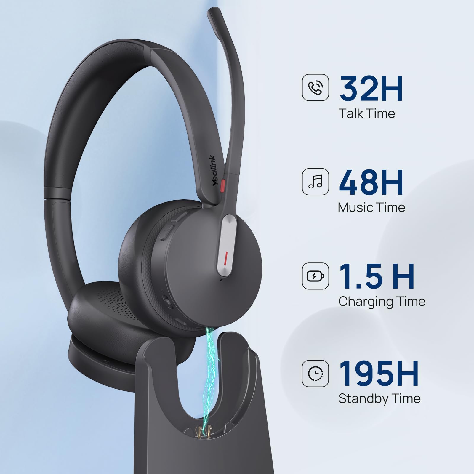 Yealink WH64 Hybrid Wireless DECT Headset with Bluetooth - 492ft Range, 32H Talk Time, Noise Cancelling Mic for Teams/Zoom/Skype - UC Certified PC Headset with Charging Stand - Perfect for Remote Work & Call Centers