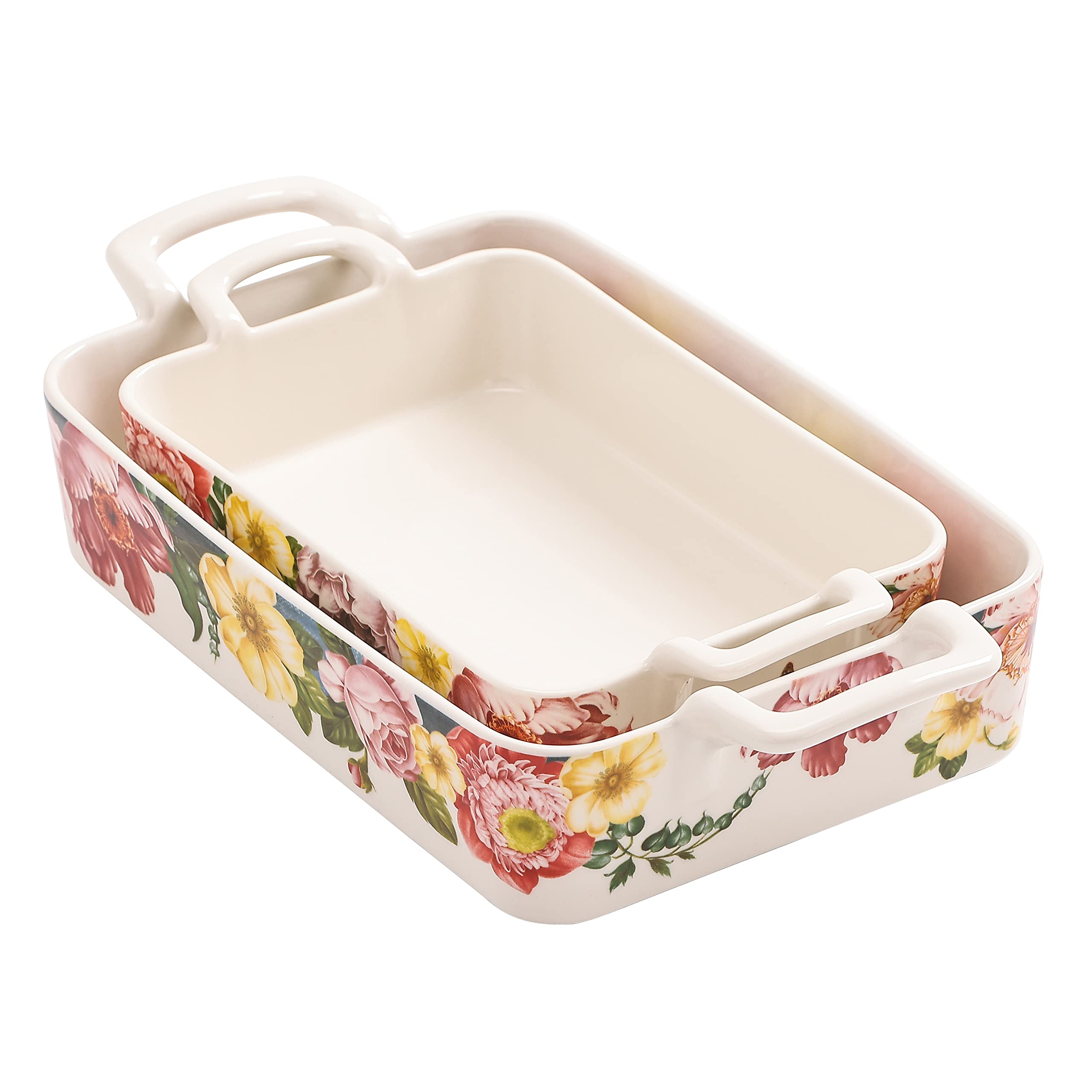 Bico Peony Heaven Stoneware Baking Dish Set - 2-Piece Large & Medium Rectangular Oven Safe Bakeware for Lasagna, Casseroles | Microwave, Dishwasher Safe | Perfect for Family Dinners, Holiday Baking & Meal Prep