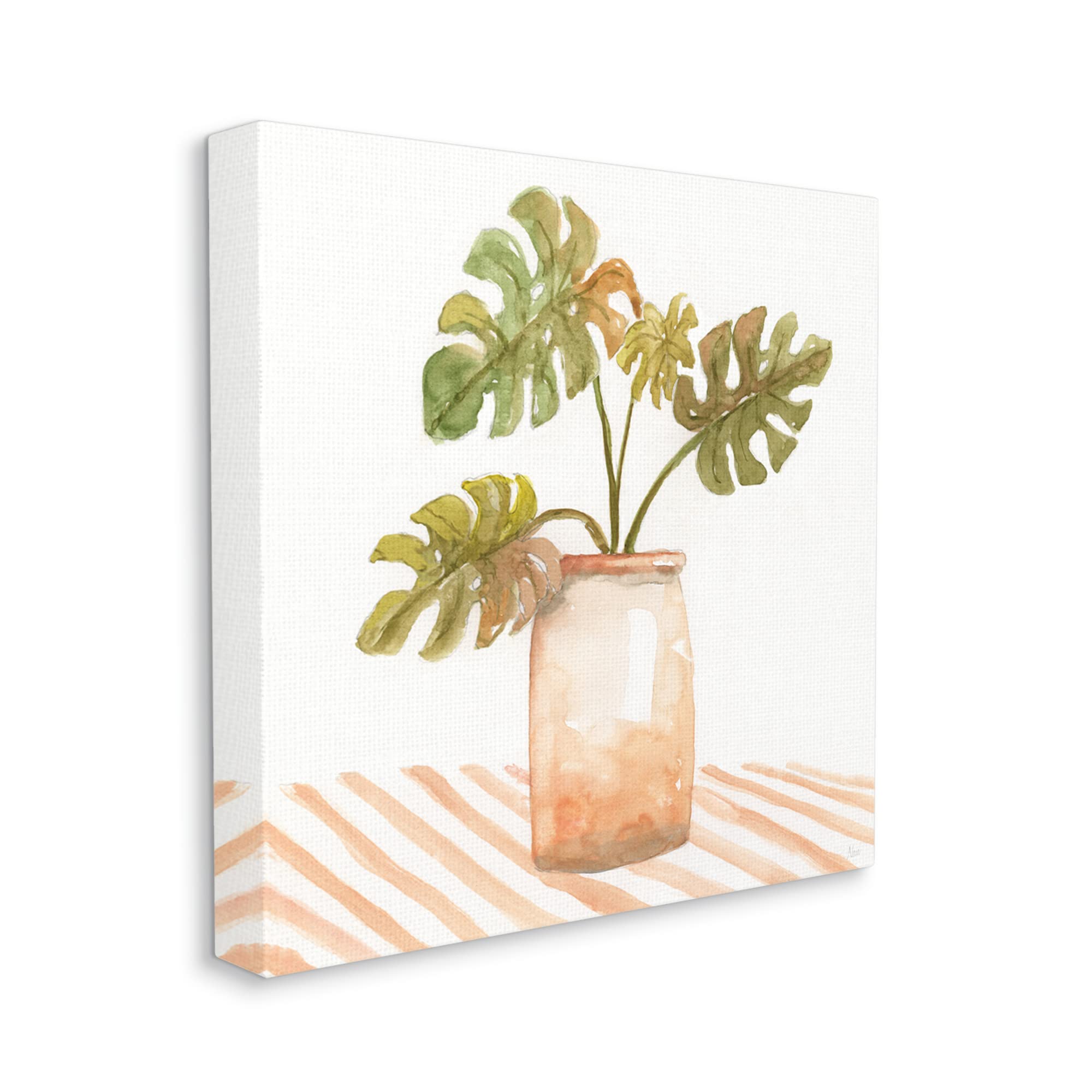Stupell Industries Monstera Plant Ceramic Glazed Pot with Striped Pattern - Modern Tabletop Planter for Home & Office Decor - Perfect for Indoor Plants, Succulents, and Small Flowers