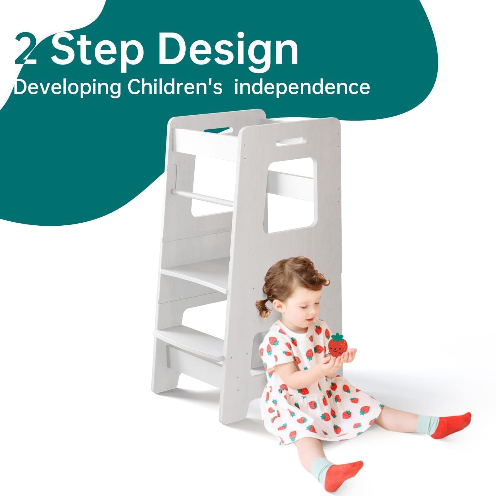 WOOD CITY Adjustable Toddler Step Stool with Safety Rail - White Kitchen Learning Tower for Kids, Height Adjustable Standing Stool for Counter, Sink & Bathroom - Perfect for Cooking, Washing Hands & Brushing Teeth