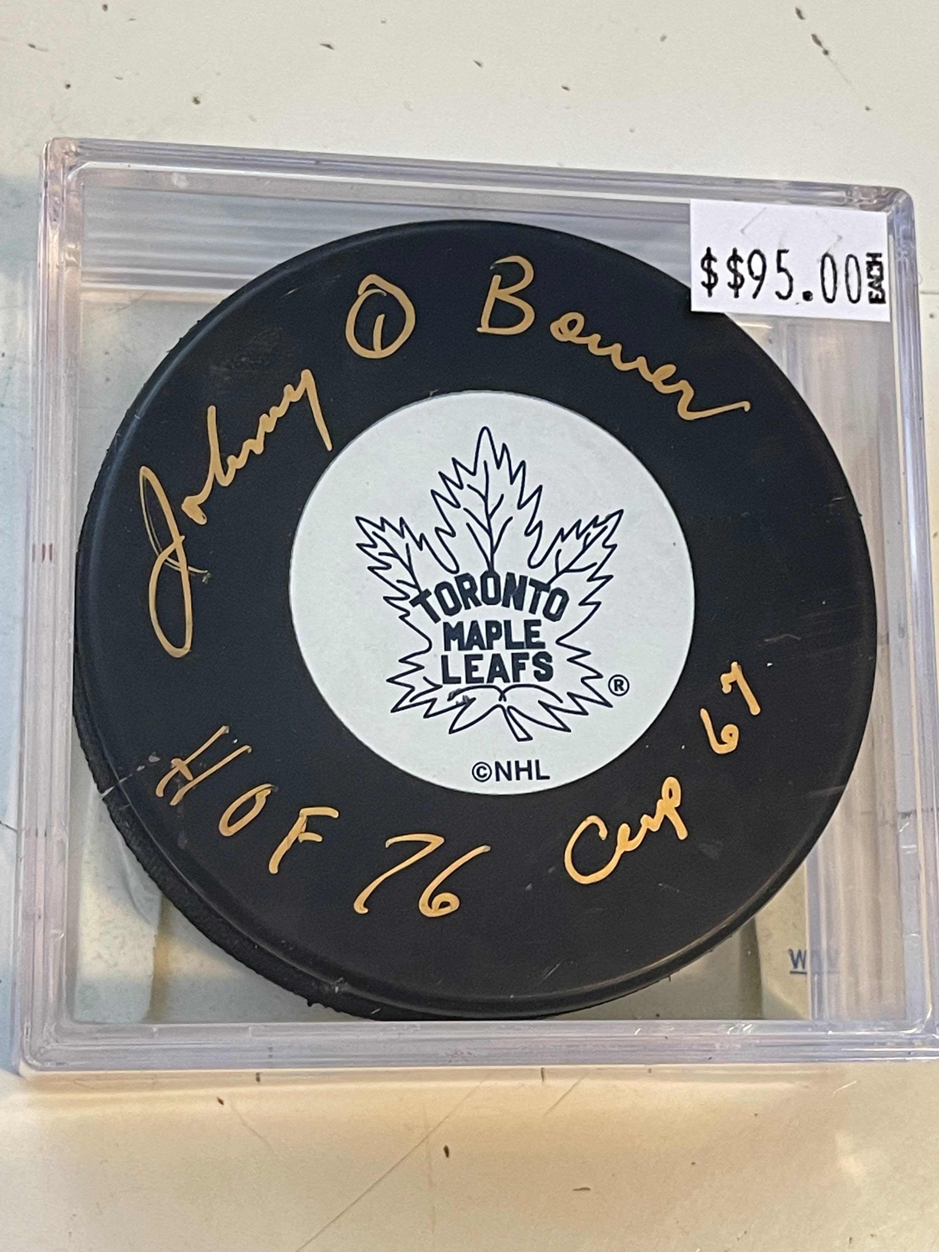Johnny Bower Toronto Maple Leafs Autographed Hockey Puck with COA - Perfect for NHL Collectors, Sports Memorabilia Displays & Hockey Fan Gifts
