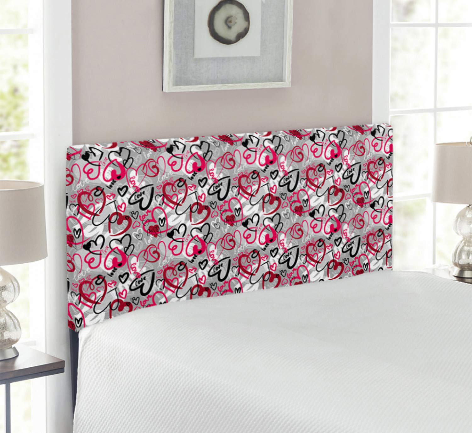Ambesonne Romantic Love Headboard - Hand Drawn Hearts & Love Words, Upholstered Metal Bed Frame with Memory Foam, Twin Size, Multicolor - Perfect for Valentine's Day, Bedroom Decor & Couples' Romantic Retreat